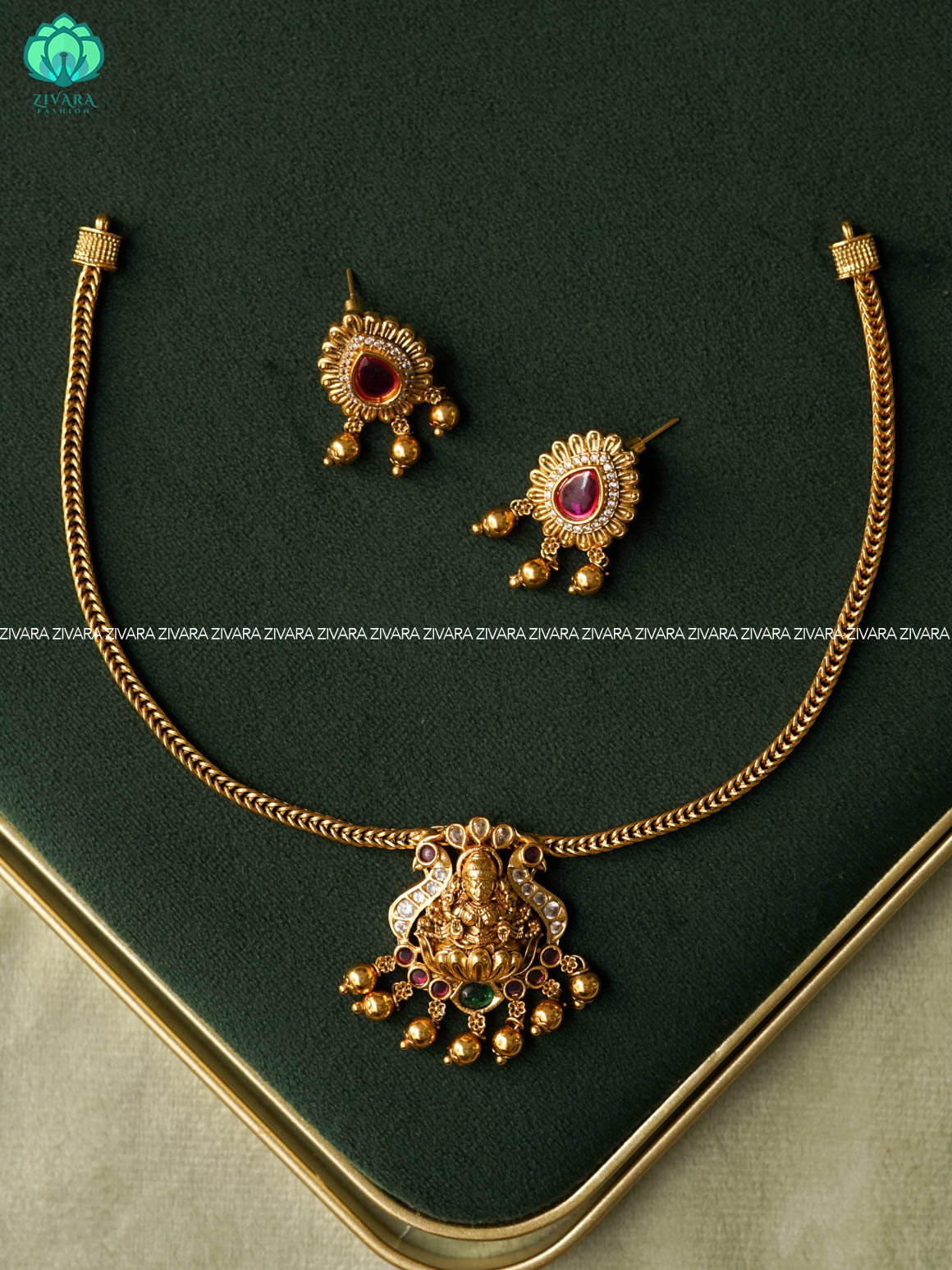 TEMPLE PENDANT FLEXIBLE CHAIN  - Traditional south indian premium neckwear with earrings- Zivara Fashion- latest jewellery design