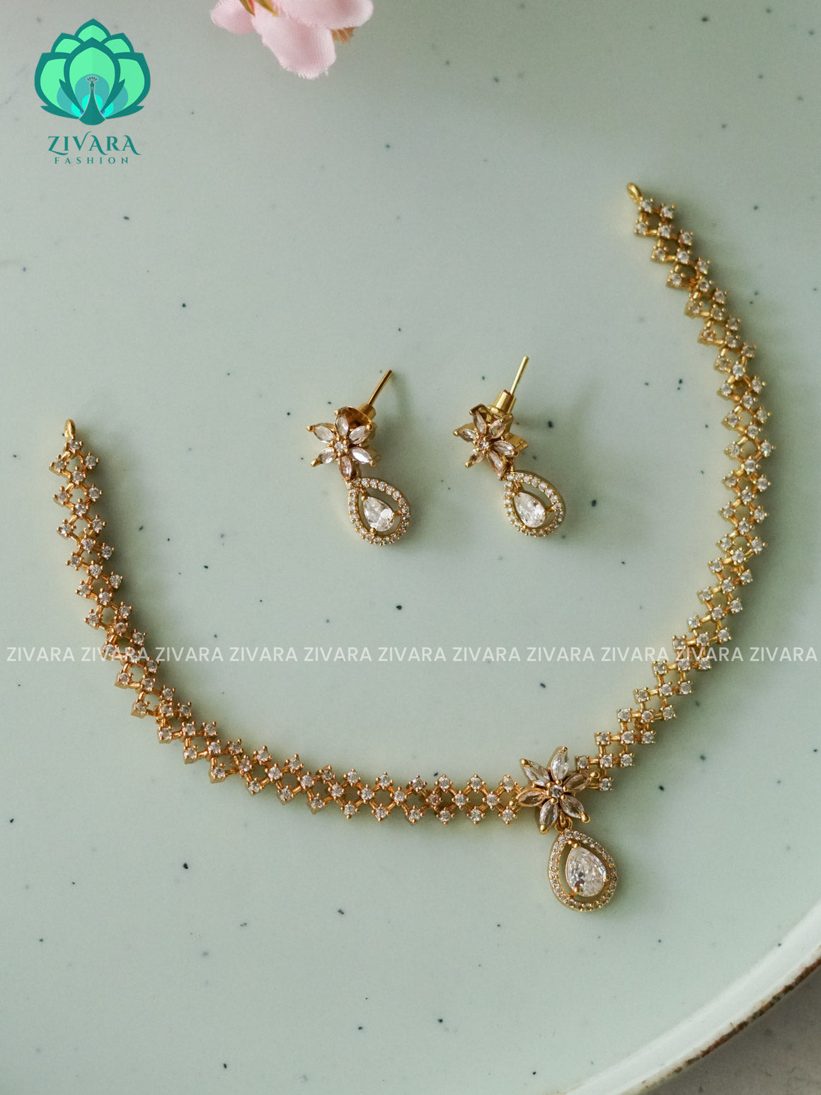 WHITE HOTSELLING TEAR DROP  -PREMIUM SUBTLE GOLD FINISH  stylish and minimal elegant neckwear with earrings- Zivara Fashion