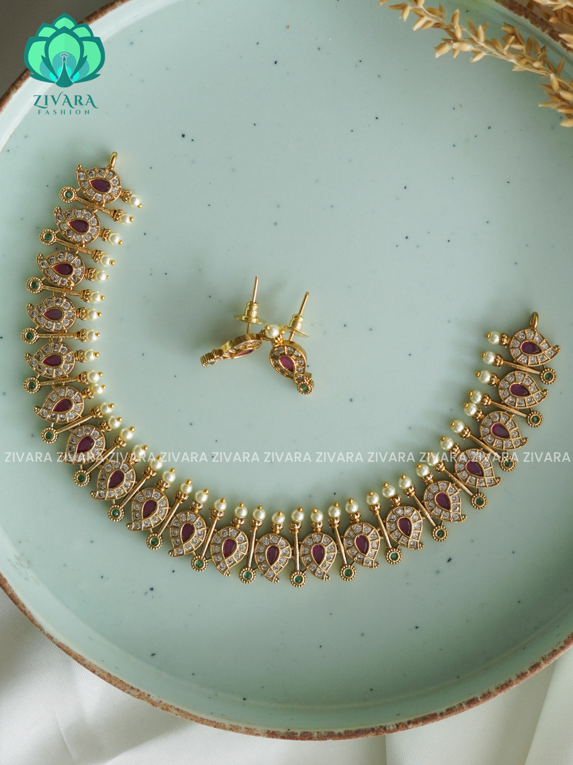 MANGO STONE Traditional south indian premium neckwear with earrings- Zivara Fashion- latest jewellery desigN