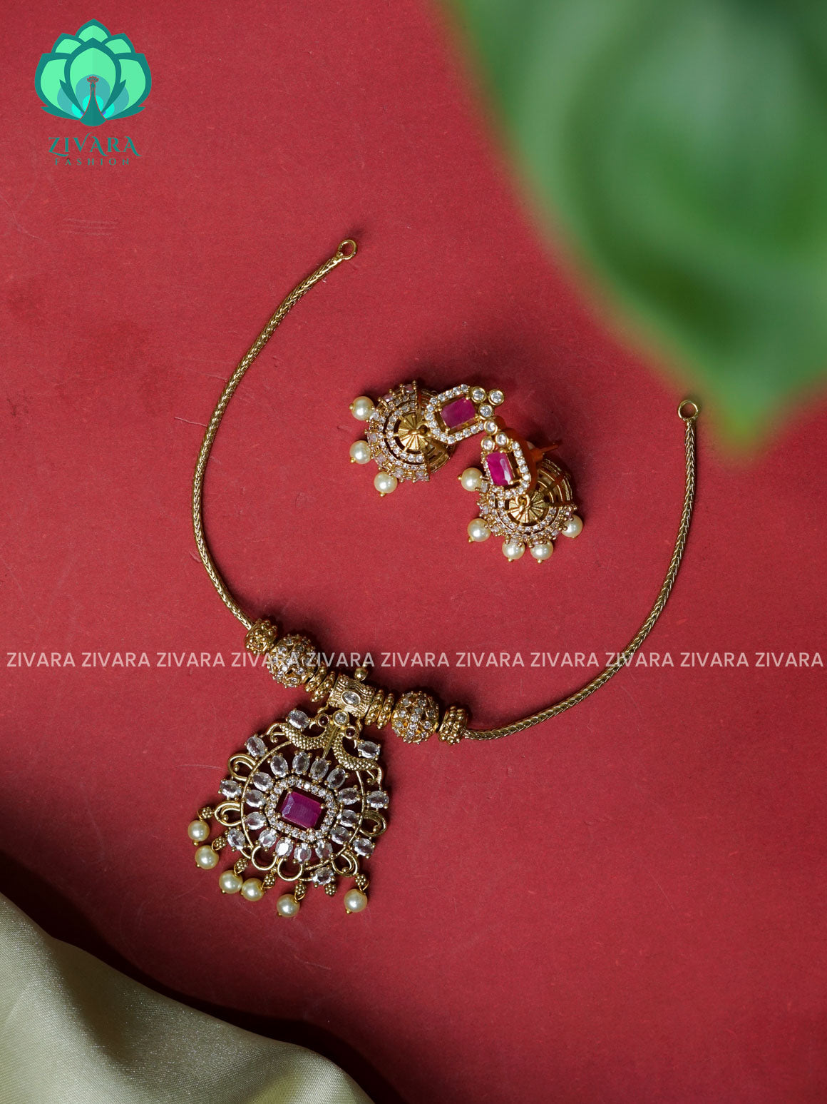 RUBY FLEXIBLE CHAIN WITH STONE BALLS  -Traditional south indian premium neckwear with earrings- Zivara Fashion- latest jewellery design.