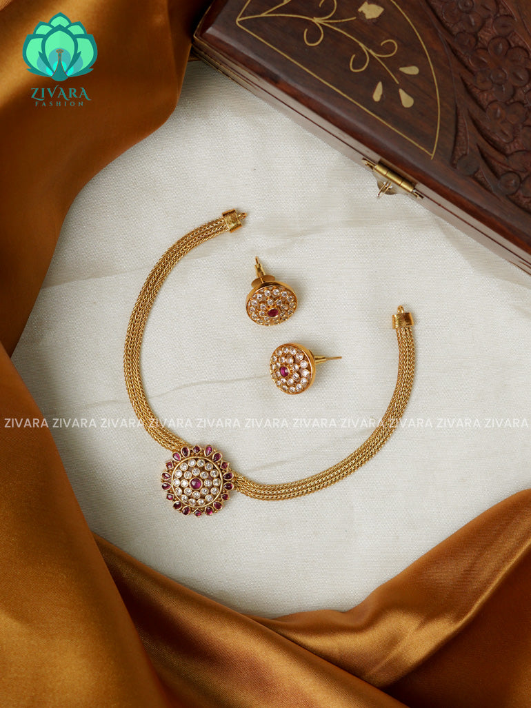 Flexible chain ROUND PENDANT - Traditional south indian premium neckwear with earrings- Zivara Fashion- latest jewellery design