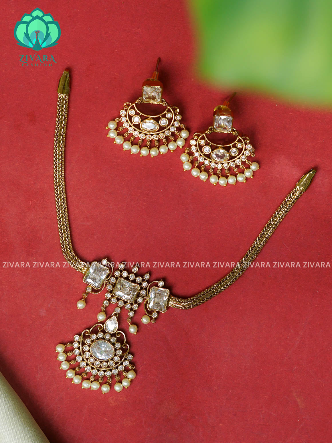 WHITE- Flexible chain and STONE  pendant -Traditional south indian premium neckwear with earrings- Zivara Fashion- latest jewellery design