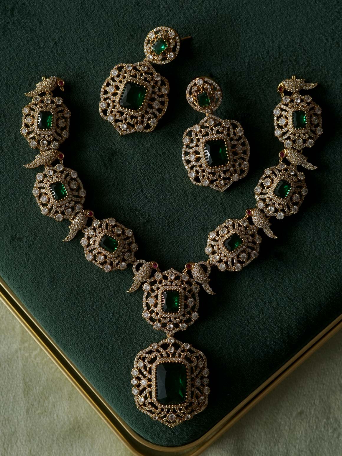 AKSHAYAM - BRIDAL GREEN STONE PEACOCK NECKWEAR  - TRADITIONAL CHOKER COLLECTION WITH EARRINGS- LATEST JEWELLERY COLLECTION