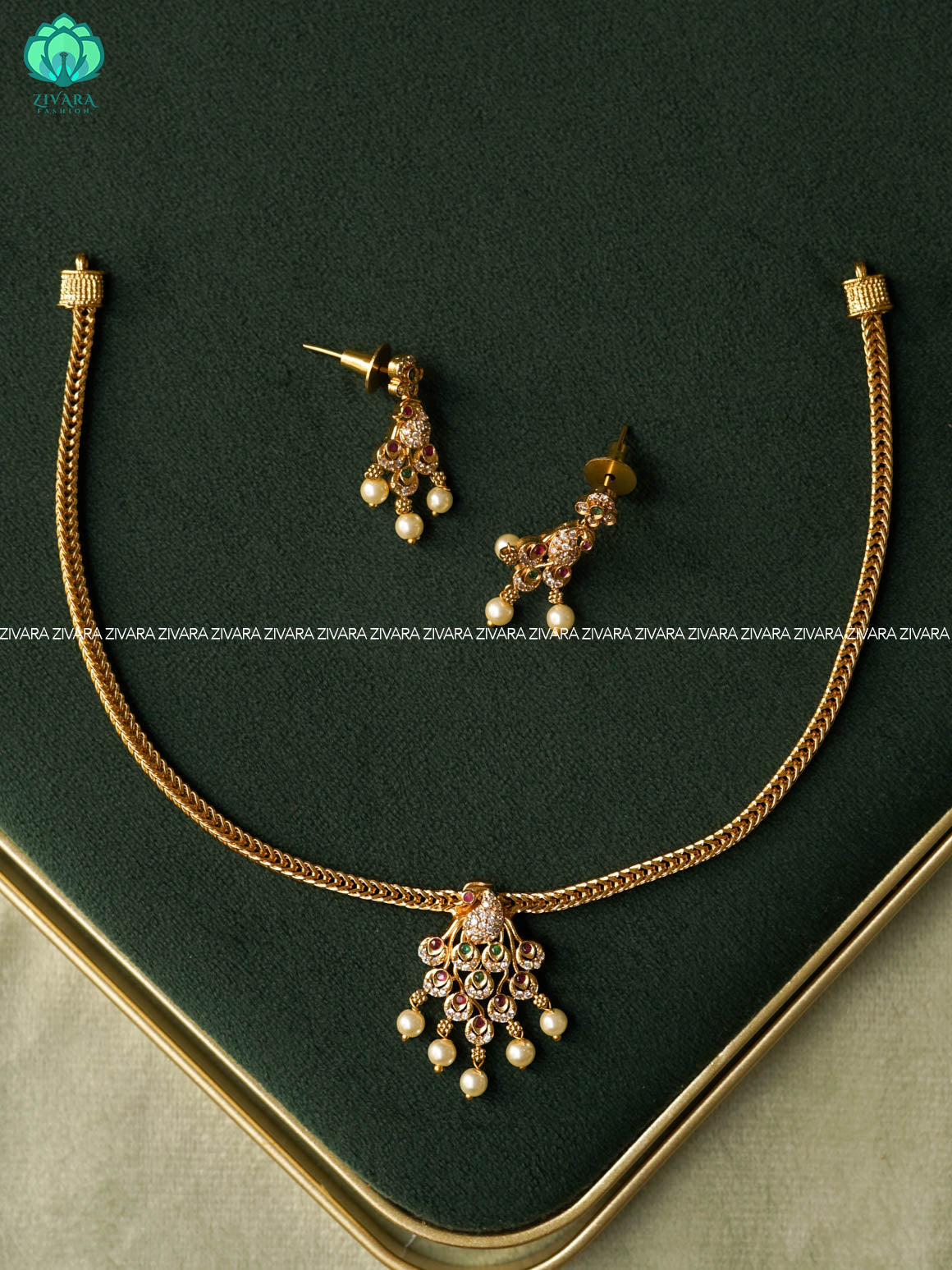 PEACOCK PENDANT FLEXIBLE CHAIN  - Traditional south indian premium neckwear with earrings- Zivara Fashion- latest jewellery design