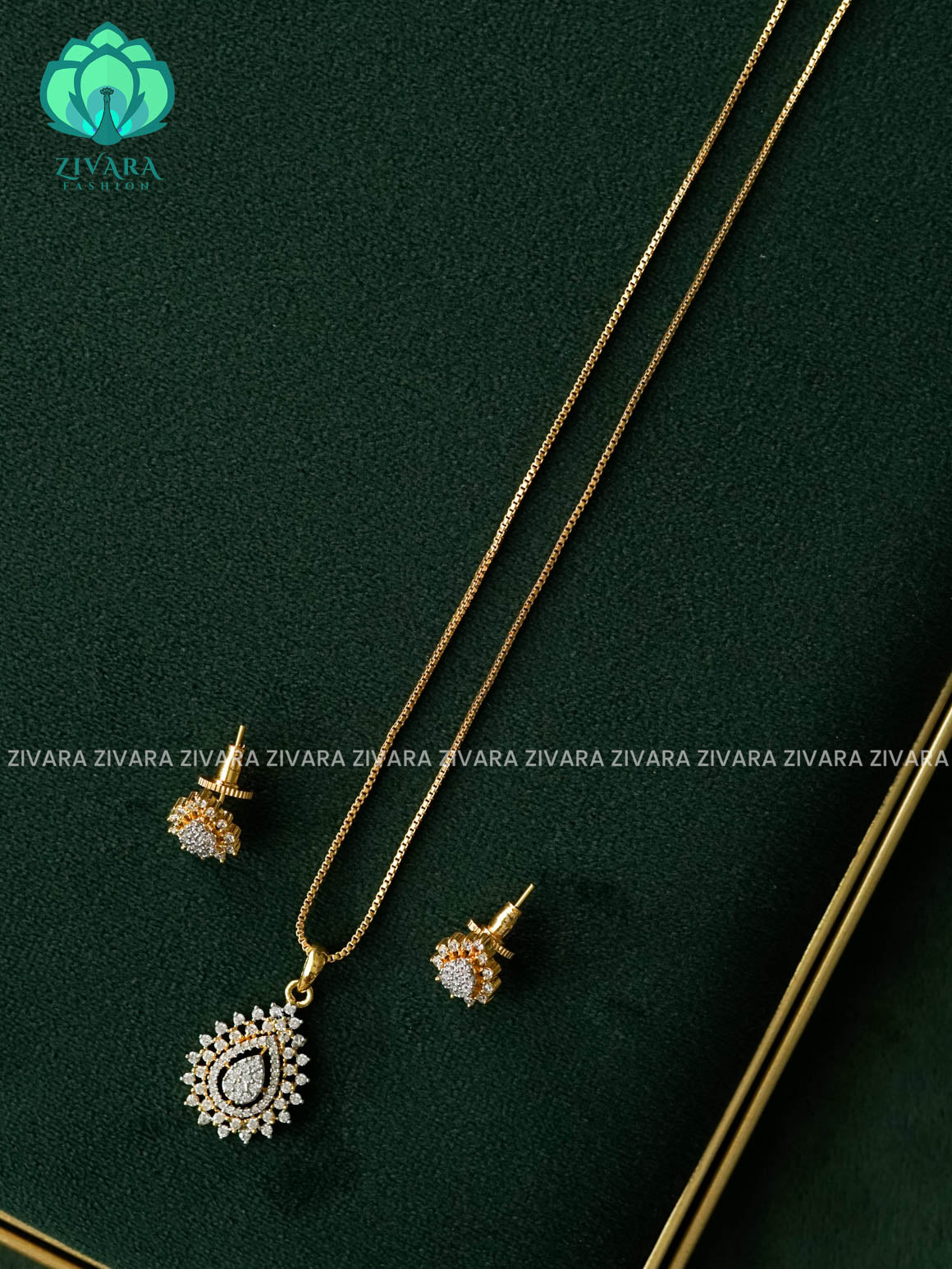 Zyra- Diamond replica Gold polish-pendant set and earrings  -Trending office wear jewellery-Zivara fashion
