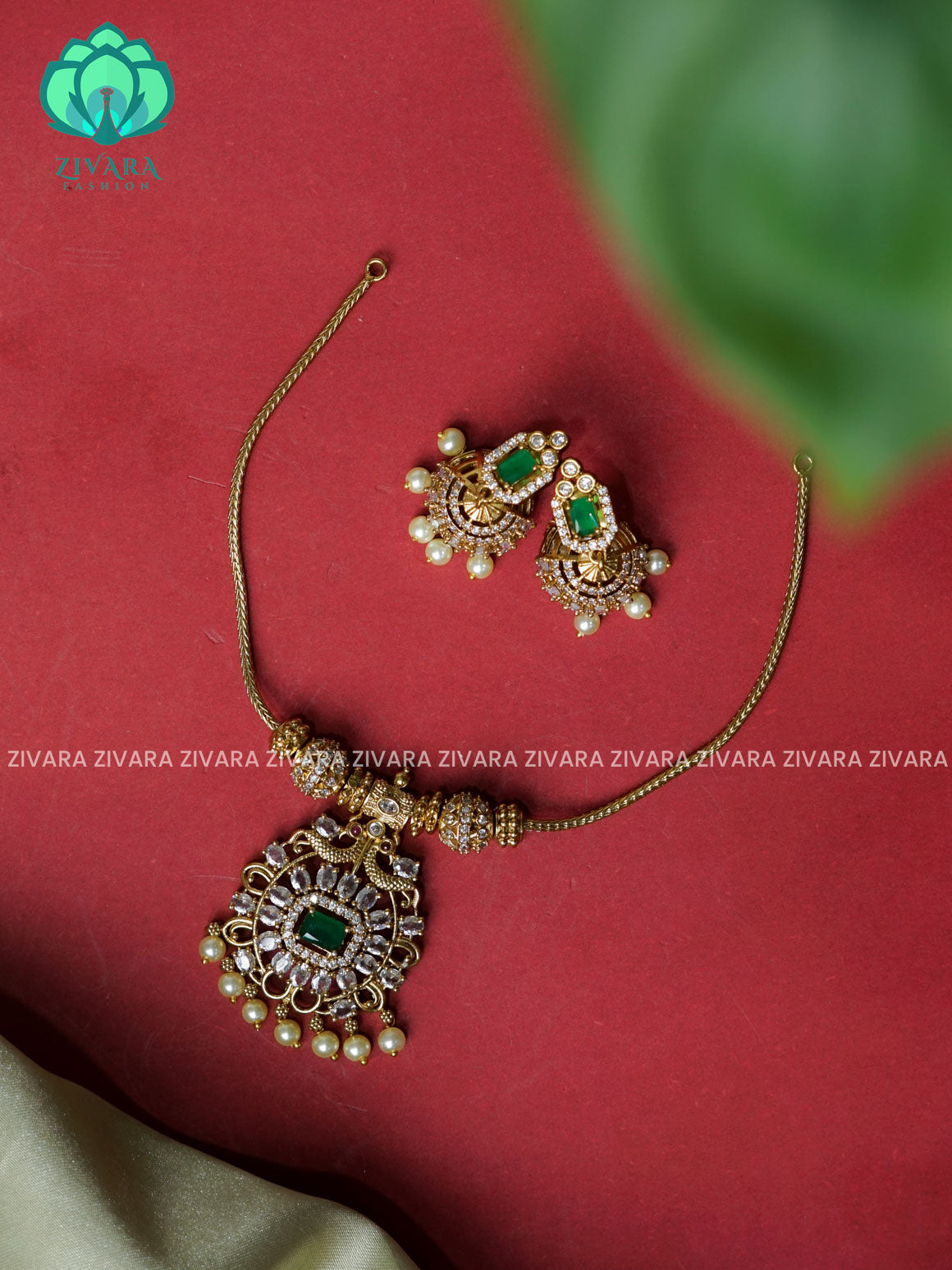 GREEN FLEXIBLE CHAIN WITH STONE BALLS  -Traditional south indian premium neckwear with earrings- Zivara Fashion- latest jewellery design.