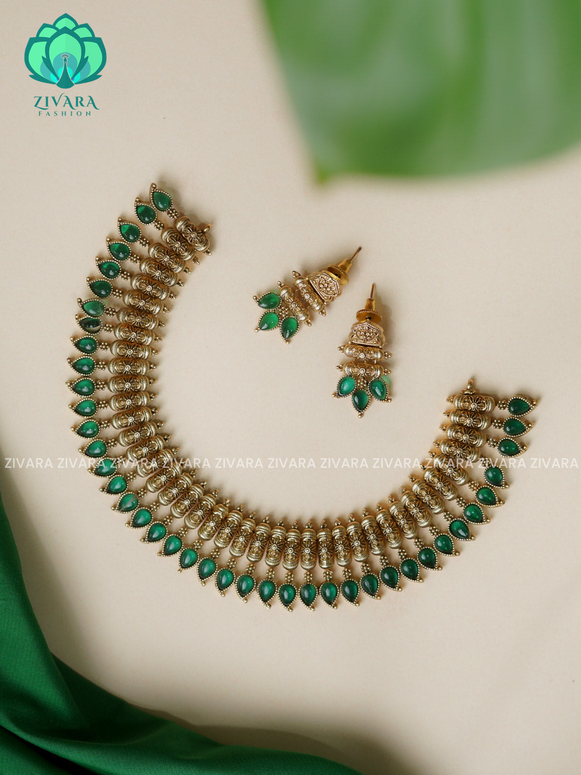 GREEN manga  -Traditional south indian NORMAL MATTE neckwear with earrings- Zivara Fashion- latest jewellery design