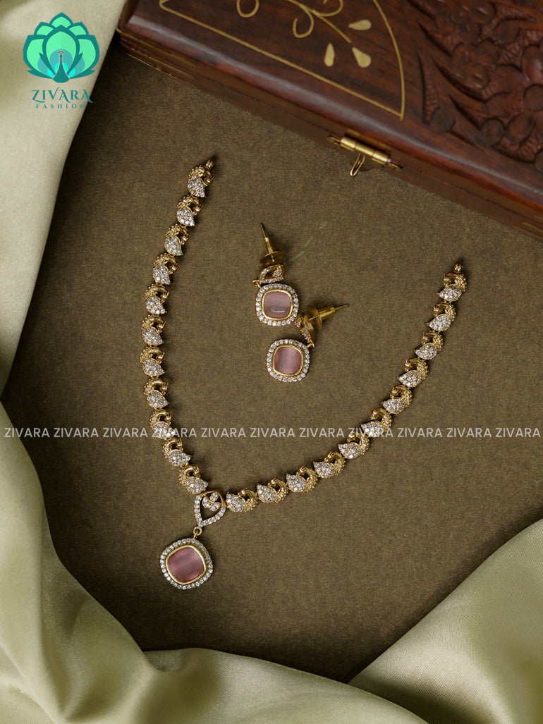 PASTEL PINK - PEACOCK AND SQUARE PENDANT   - stylish and minimal elegant neckwear with earrings- Zivara Fashion