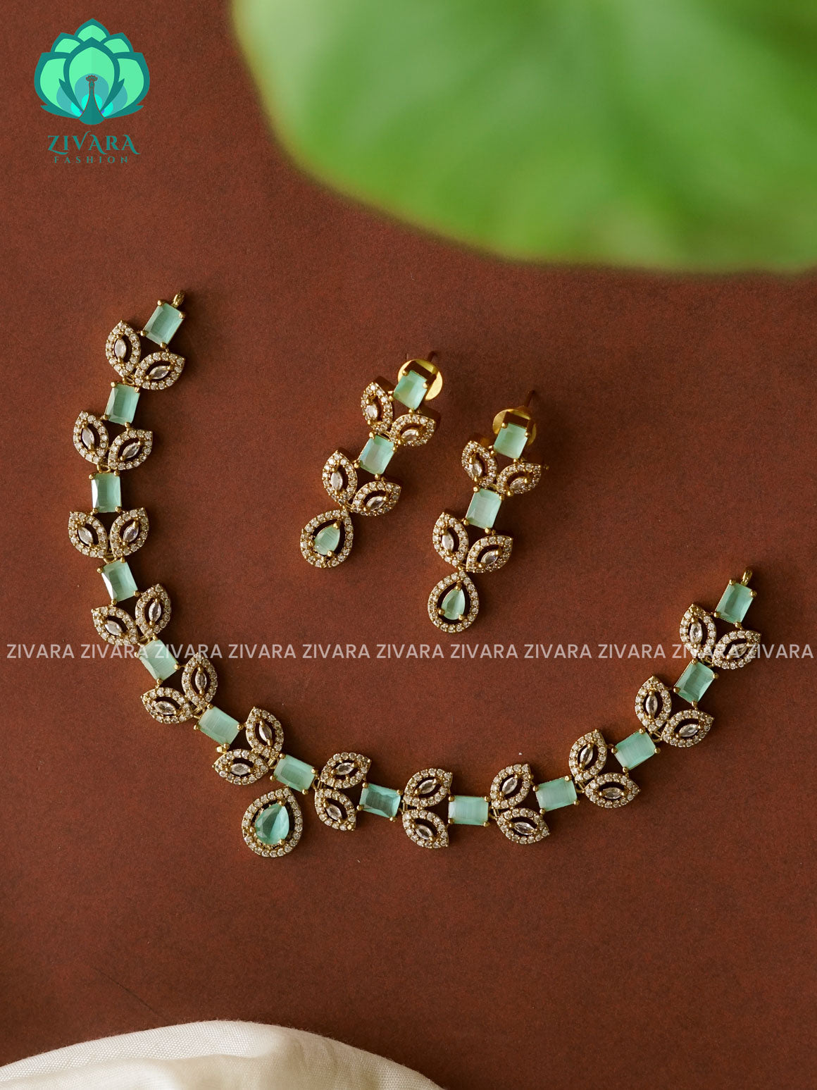 PASTEL GREEN - TEAR WITH LEAF - stylish and minimal elegant neckwear with earrings- Zivara Fashion