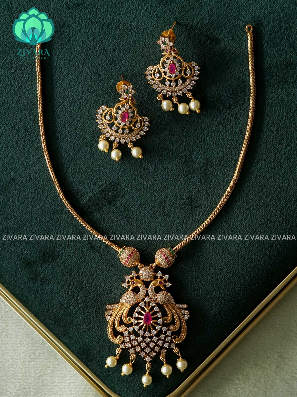 RUBY STONE PEACOCK PENDANT  - FLEXIBLE CHAIN WITH HANGINGS -Traditional south indian premium neckwear with earrings- Zivara Fashion- latest jewellery design