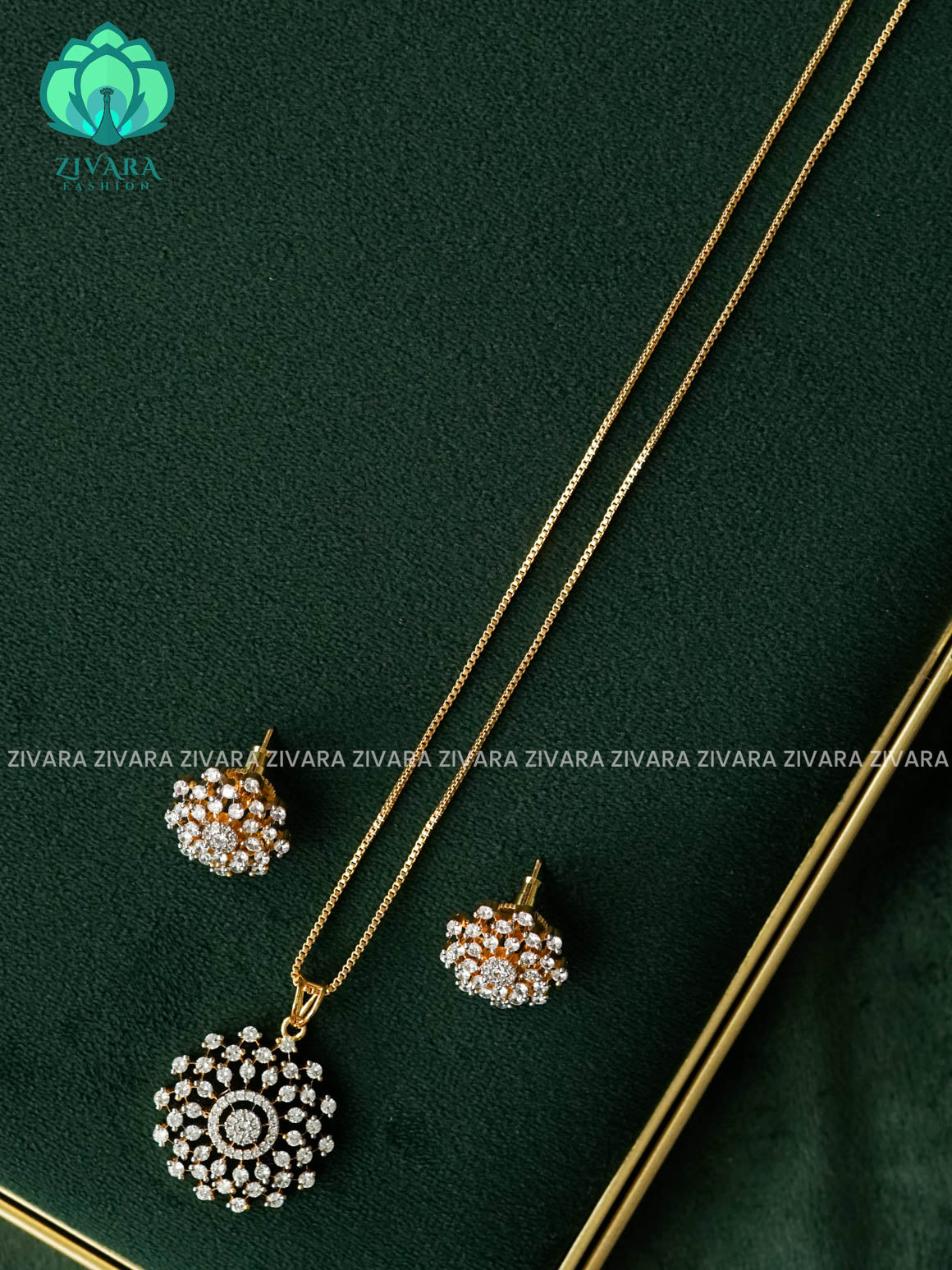 Zyra- Diamond replica Gold polish-pendant set and earrings  -Trending office wear jewellery-Zivara fashion