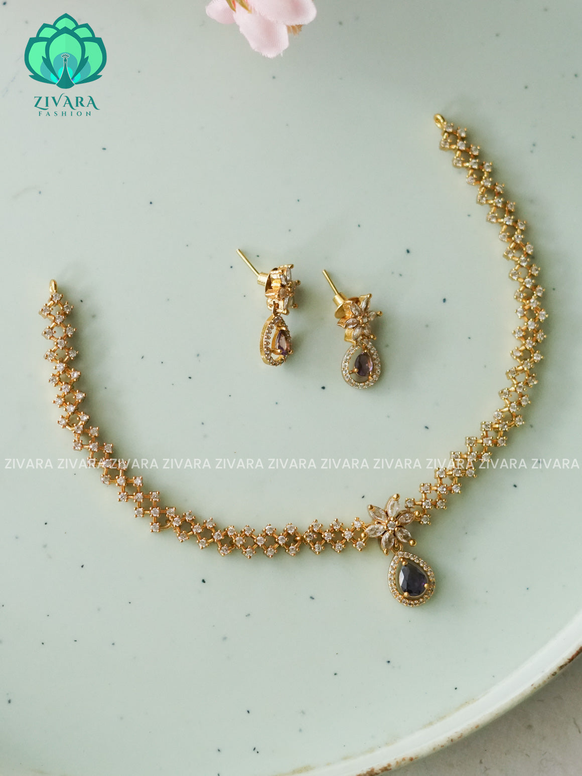 PURPLE HOTSELLING TEAR DROP  -PREMIUM SUBTLE GOLD FINISH  stylish and minimal elegant neckwear with earrings- Zivara Fashion