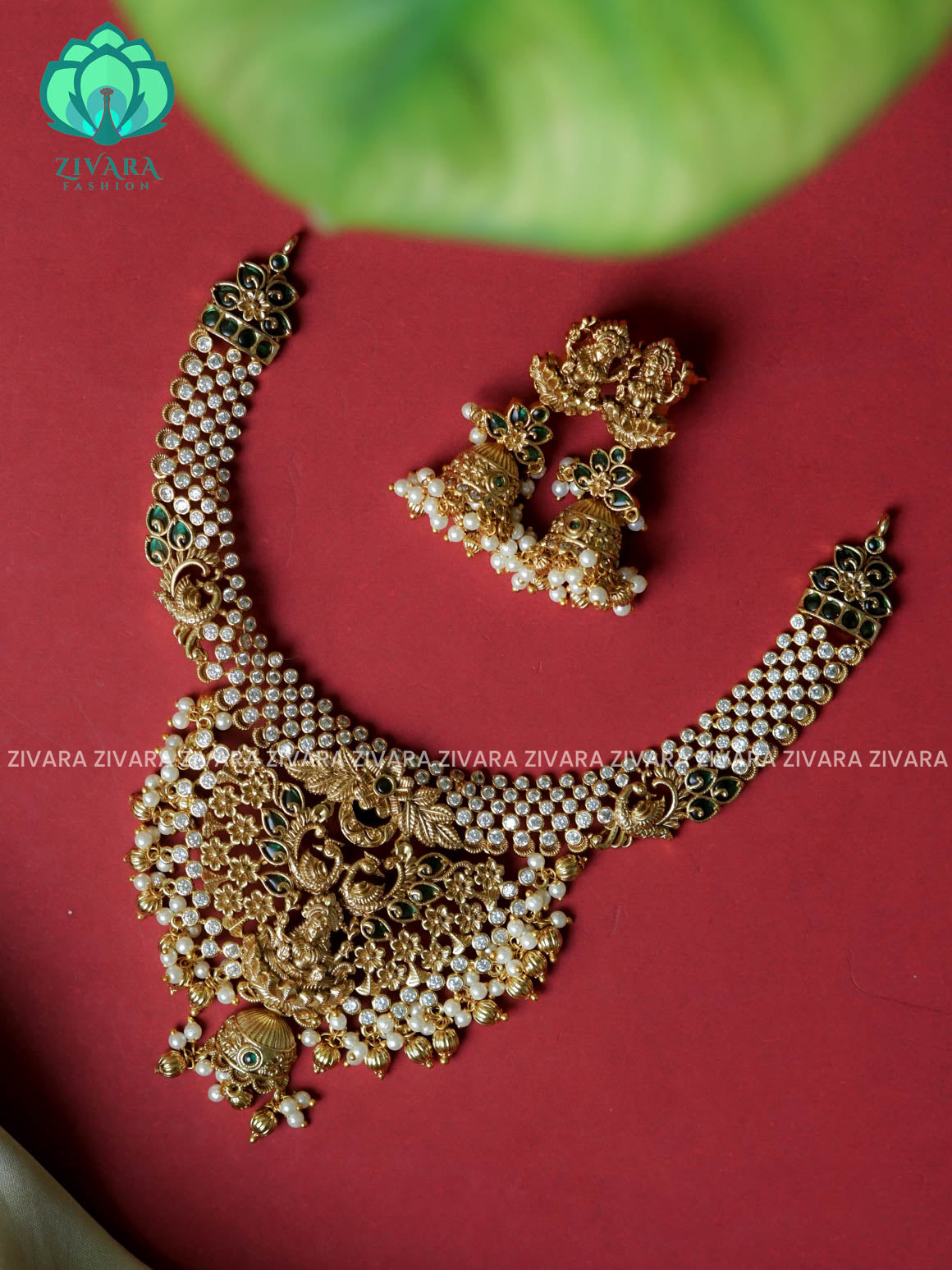 GREEN - UNIQUE JALI TEMPLE GUTTAPUSALU   -Traditional south indian premium neckwear with earrings- Zivara Fashion- latest jewellery design.