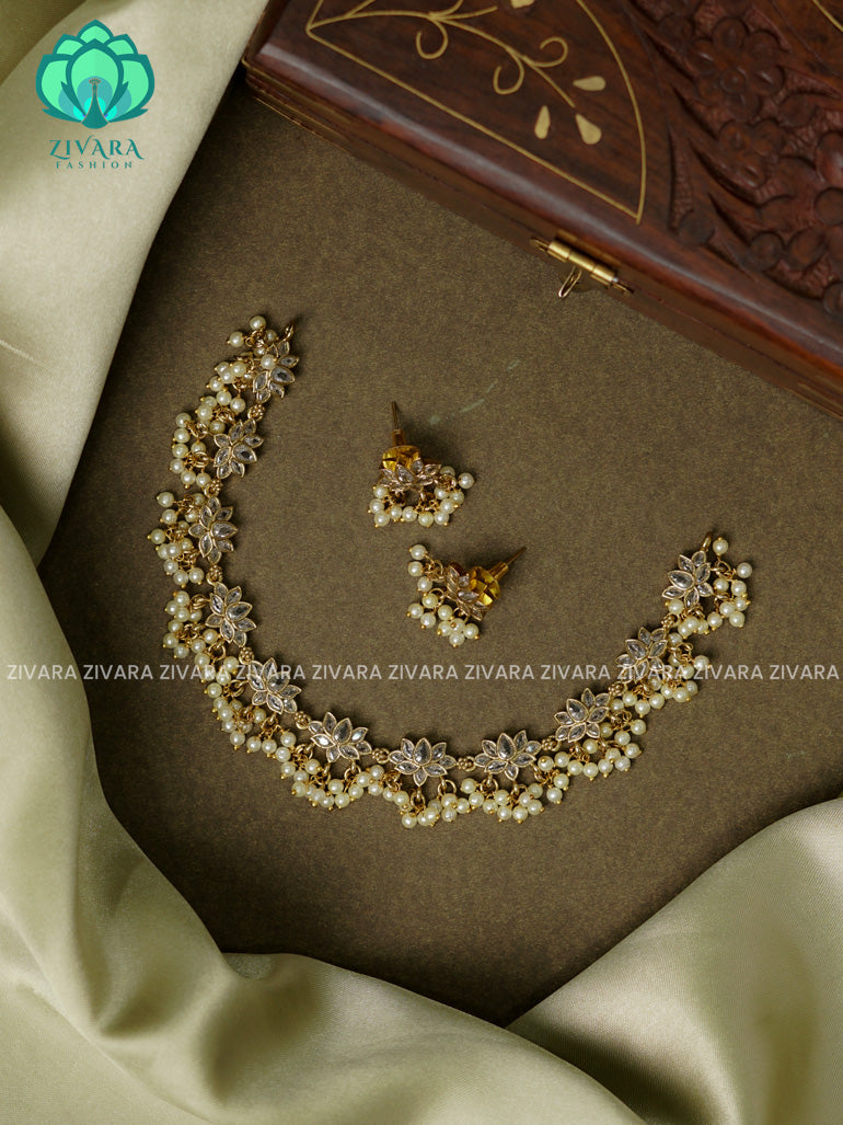 WHITE - Lotus -Traditional south indian premium neckwear with earrings- Zivara Fashion- latest jewellery design.