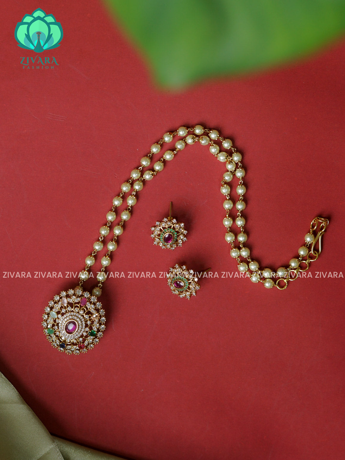 OVAL MULTICOLOUR PEARL CHAIN  - Traditional PREMIUM MATTE polish MIDCHEST haaram/neckwear with earrings- Zivara Fashion