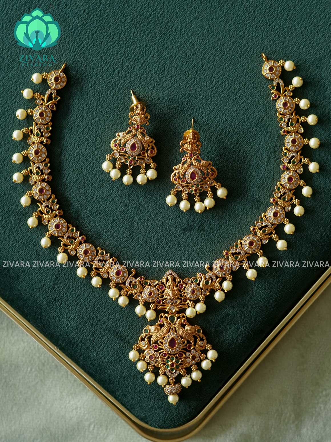 TEMPLE NECKWEAR WITH PEARL HANGINGS - Traditional south indian premium neckwear with earrings- Zivara Fashion- latest jewellery design