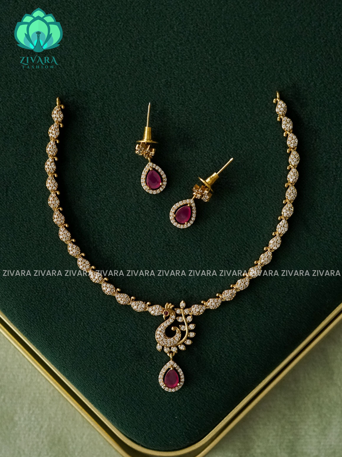 Kanya - WHITE RUBY STONE SIMPLE PEACOCK DIAMOND REPLICA NECKWEAR- SUBTLE POLISH stylish and minimal elegant neckwear - Zivara Fashion