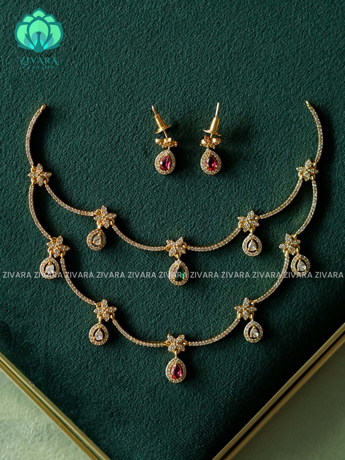RUBY GREEN WHITE - GLAMOUROUS STEP/ 2 LAYER - stylish and minimal elegant neckwear with earrings- Zivara Fashion