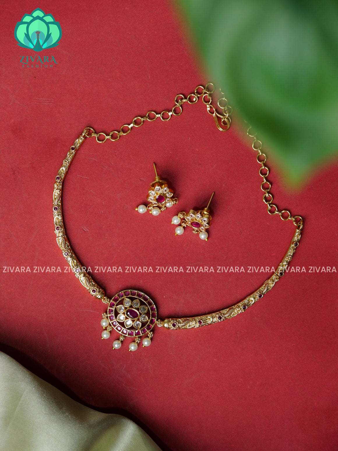 RUBY - REAL KEMP PENDANT - TRADITIONAL HASLI  -Traditional south indian premium neckwear with earrings- Zivara Fashion- latest jewellery design.