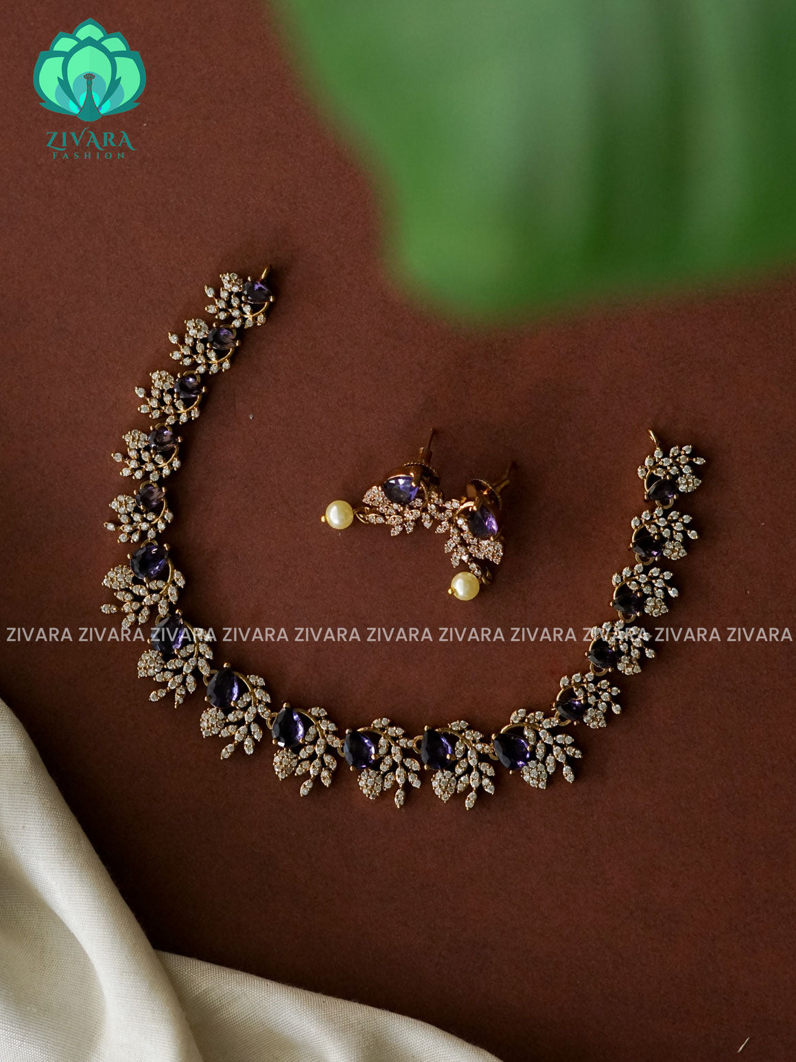 PURPLE- TEAR AND LEAF CLUSTER- SUBTLE GOLD POLISH stylish and minimal elegant neckwear with earrings- Zivara Fashion