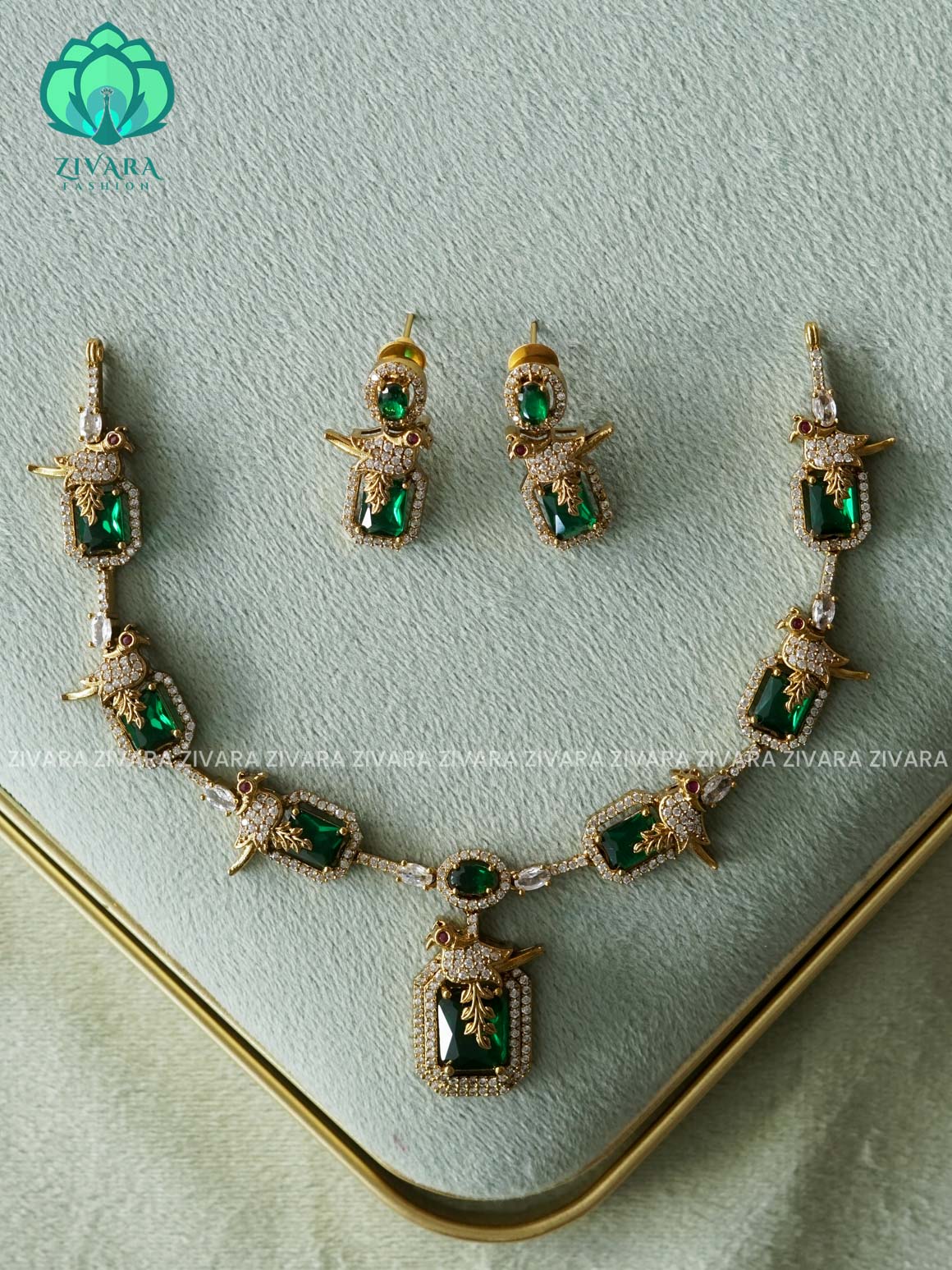 GREEN-CUTE PARROT NECK WEAR WITH EARRINGS   - Premium quality CZ Matte collection-south indian jewellery