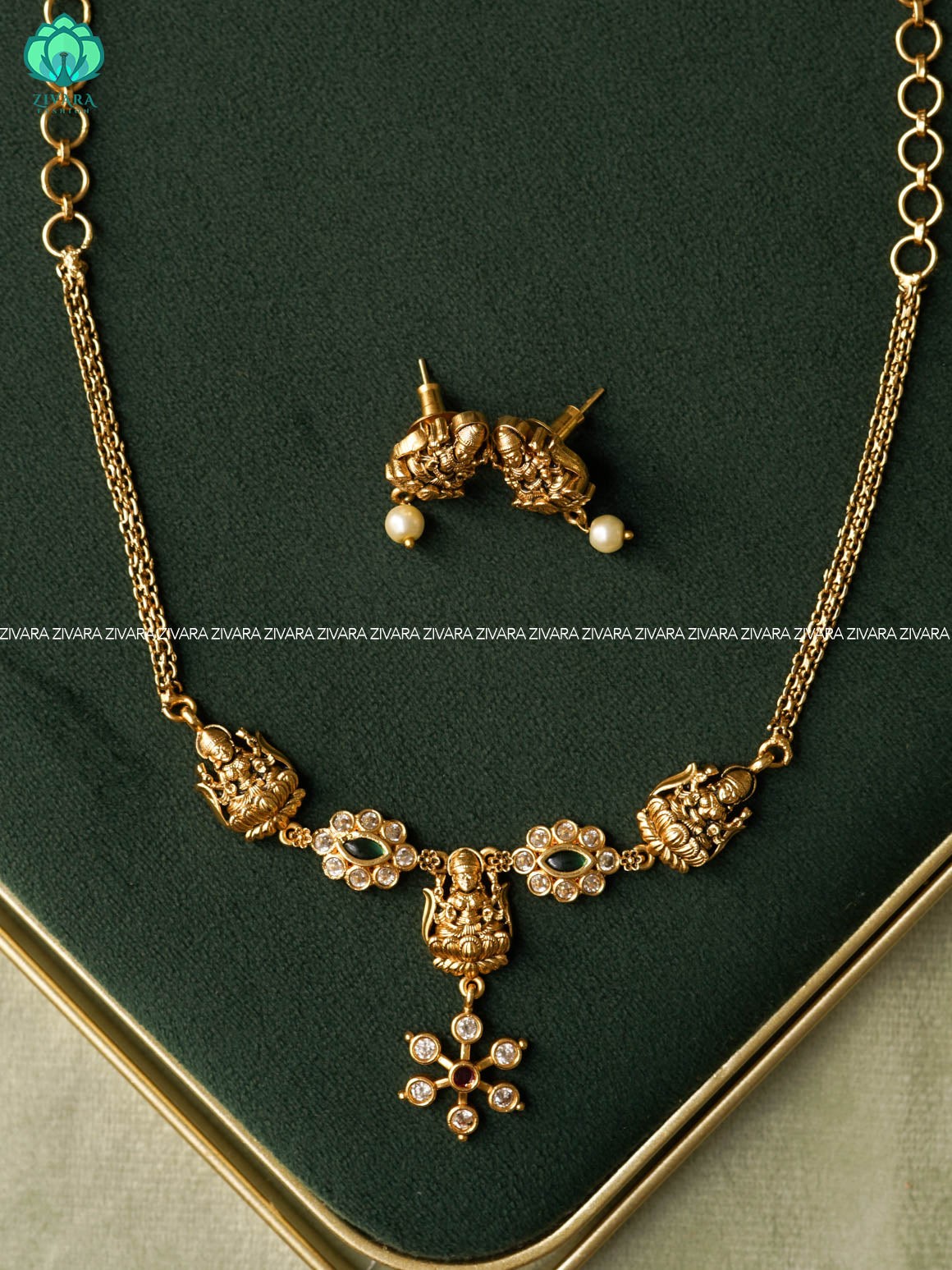 RUBY GREEN  FLEXIBLE CHAIN WITH TEMPLE MOTIF -Traditional south indian premium neckwear with earrings- Zivara Fashion- latest jewellery design