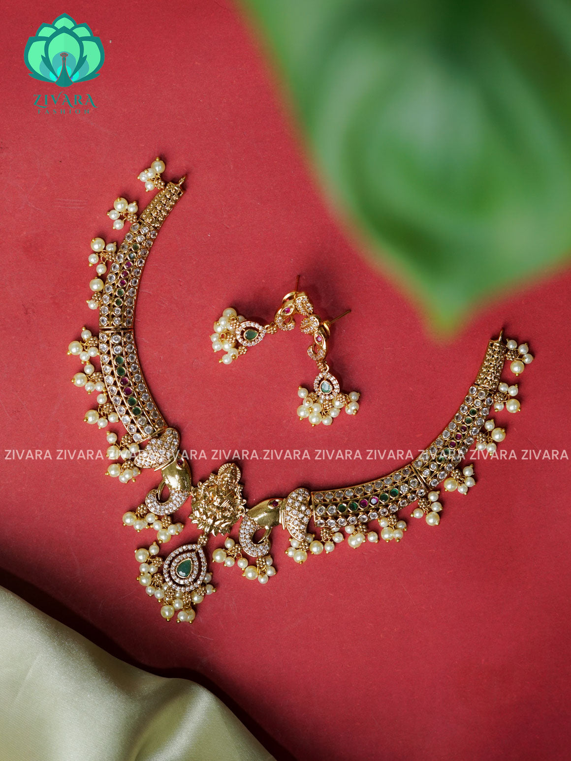 TEMPLE - BRILLIANT finish horn neckwear with earrings  -  latest pocket friendly south indian jewellery collection