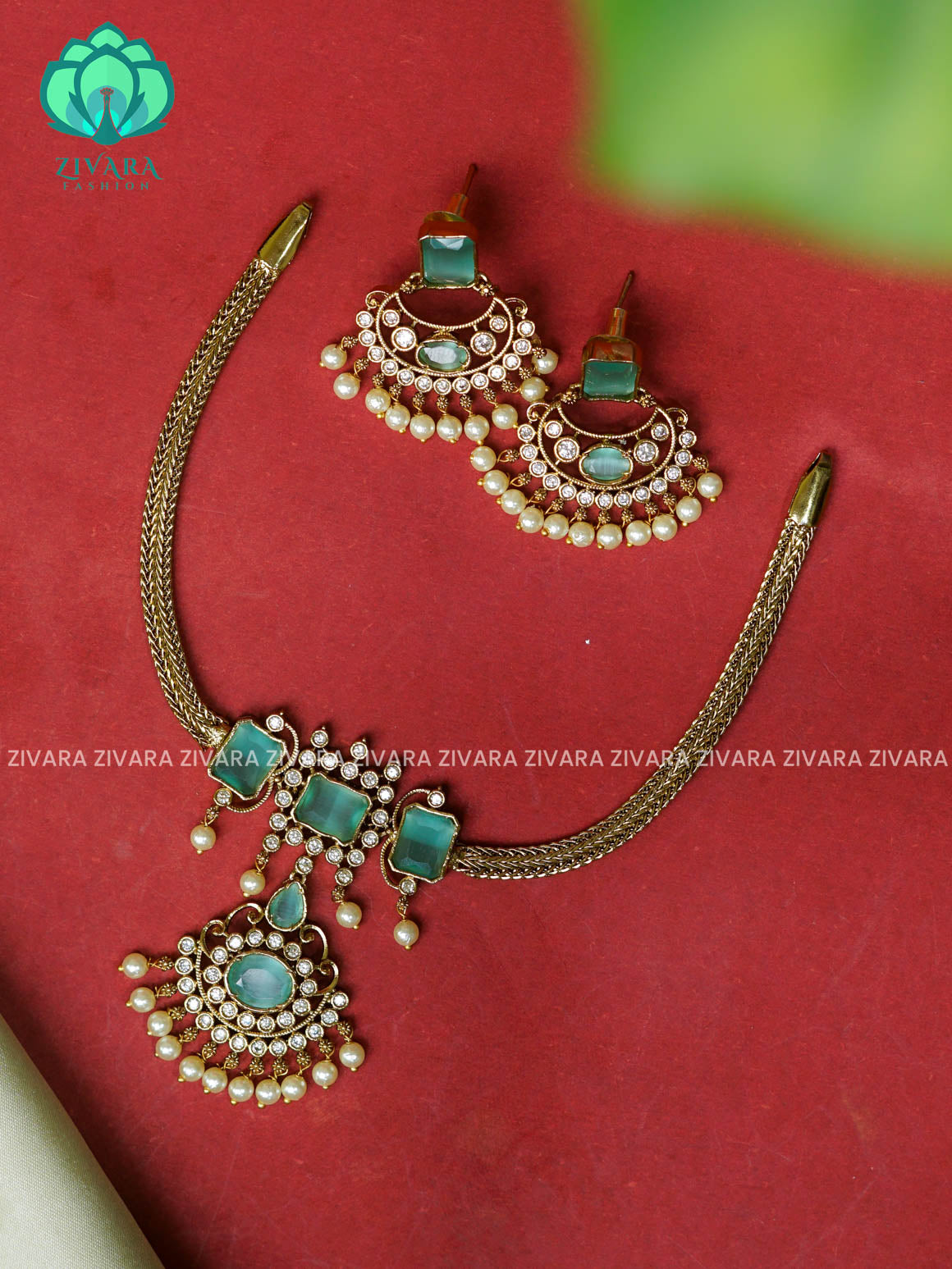 PASTEL GREEN- Flexible chain and STONE  pendant -Traditional south indian premium neckwear with earrings- Zivara Fashion- latest jewellery design