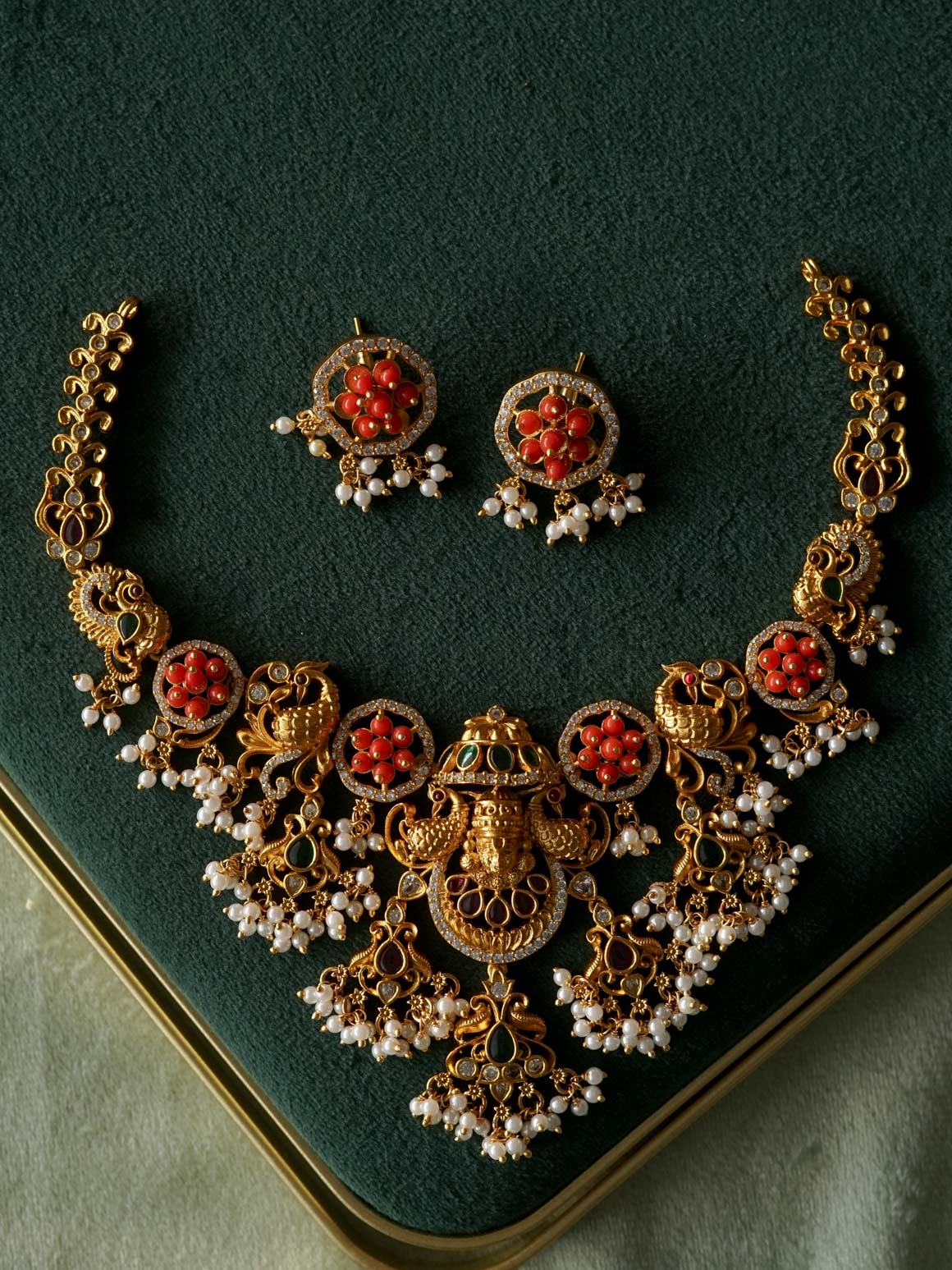 CORAL TEMPLE -Traditional south indian premium neckwear with earrings- Zivara Fashion- latest jewellery design