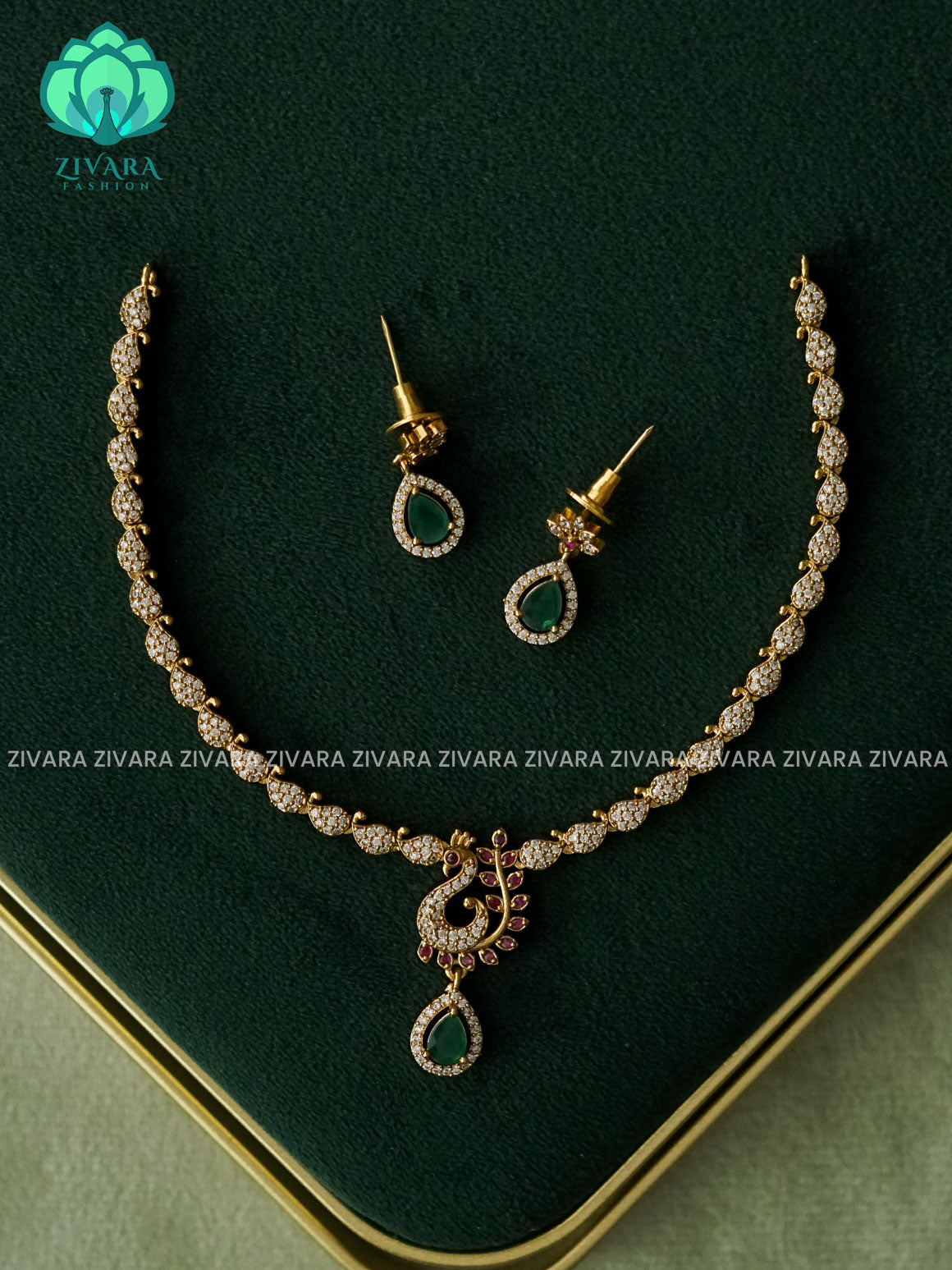 Kanya - WHITE GREEN STONE SIMPLE PEACOCK DIAMOND REPLICA NECKWEAR- SUBTLE POLISH stylish and minimal elegant neckwear - Zivara Fashion