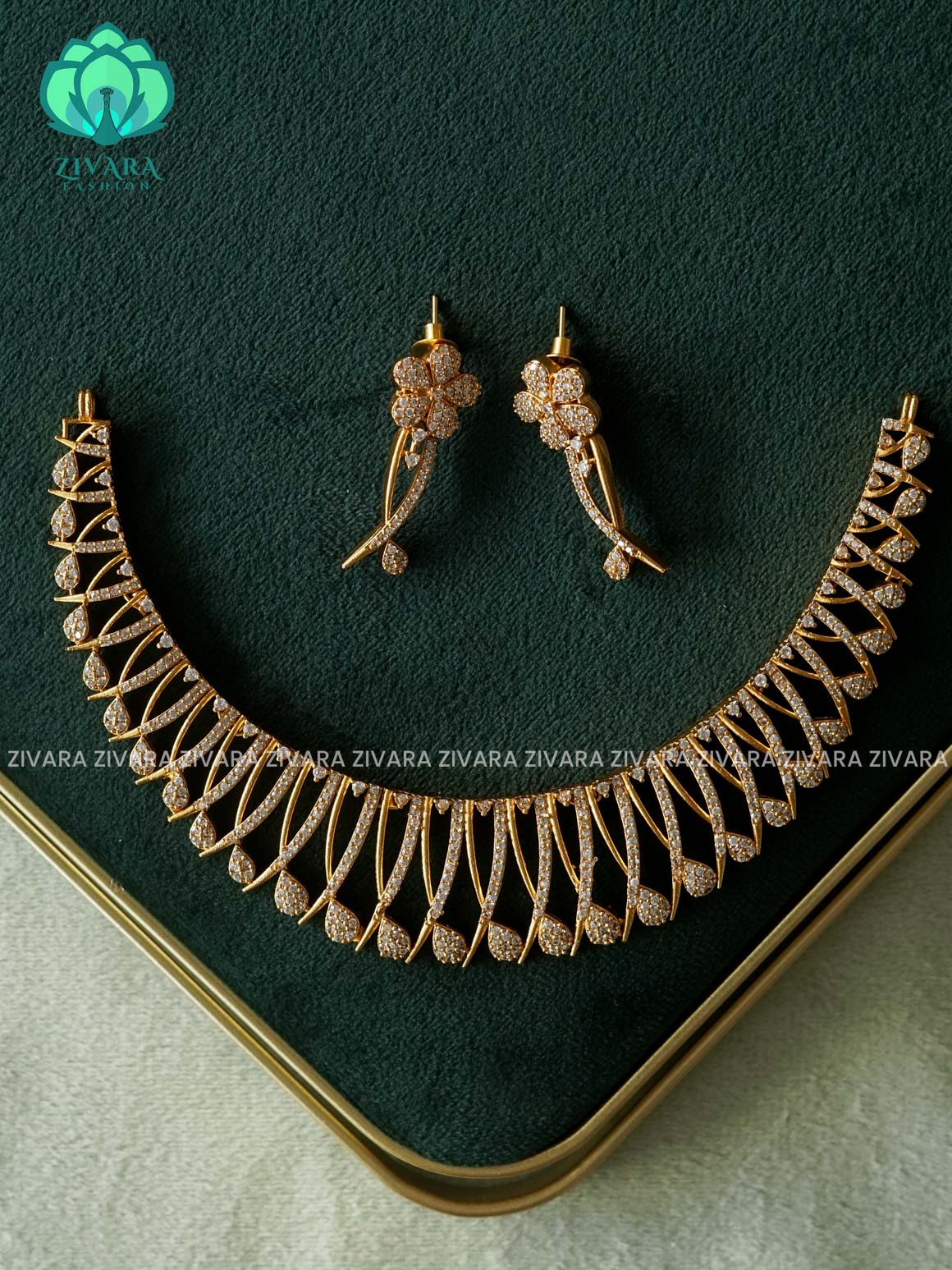 Kanya - WHITE STONE DIAMOND REPLICA HASLI -  stylish and minimal elegant neckwear with earrings- Zivara Fashion