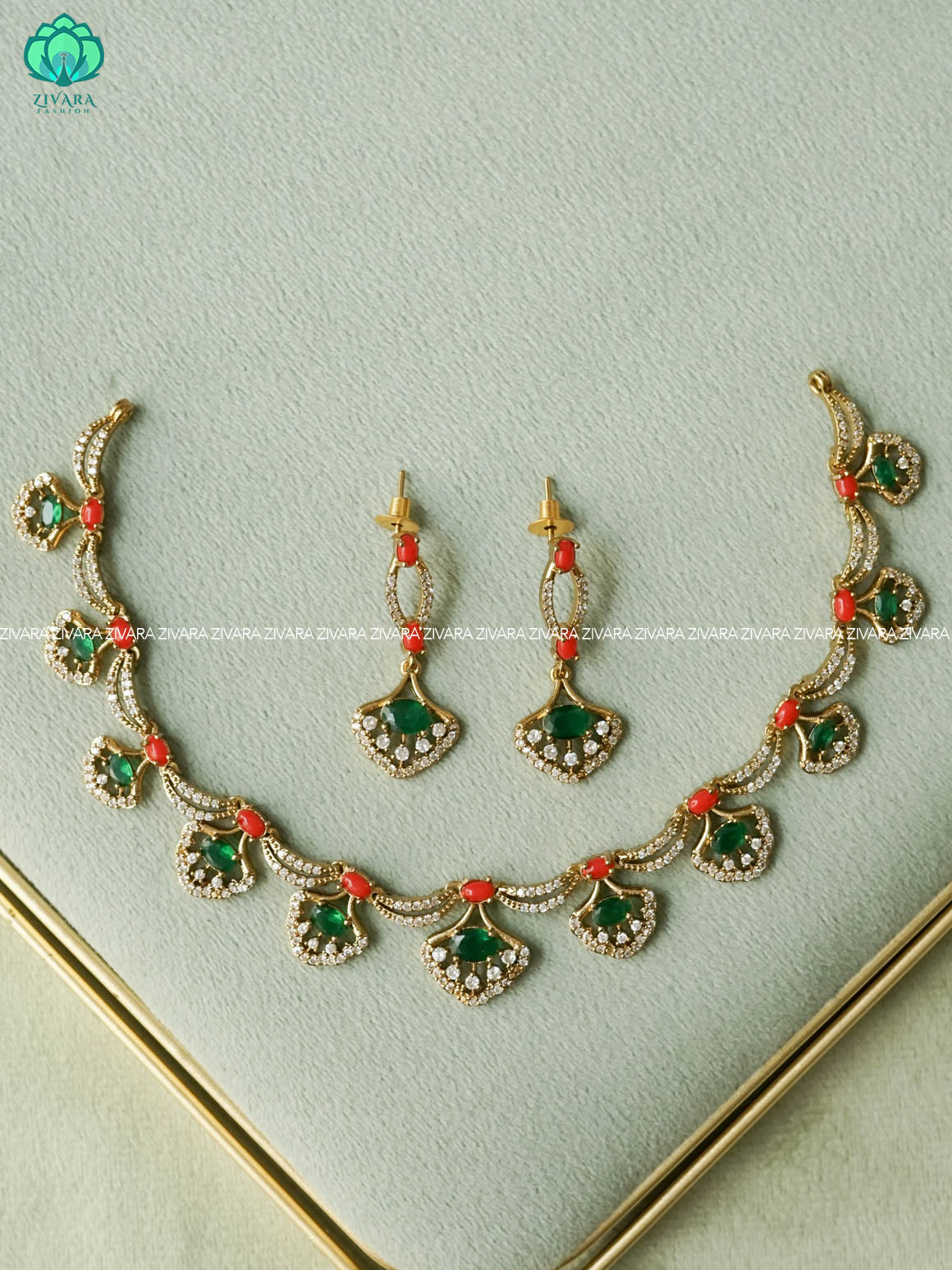 SMALL SIZE GREEN FAN FLORAL - Ultra premium victoria finish dark polish trending neckwear with earrings - Zivara Fashion