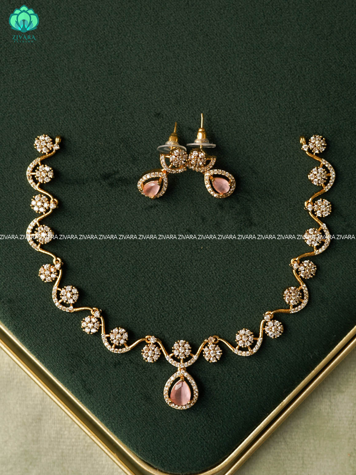 PASTEL PINK HOTSELLING TEAR DROP -PREMIUM SUBTLE GOLD FINISH  stylish and minimal elegant neckwear with earrings- Zivara Fashion