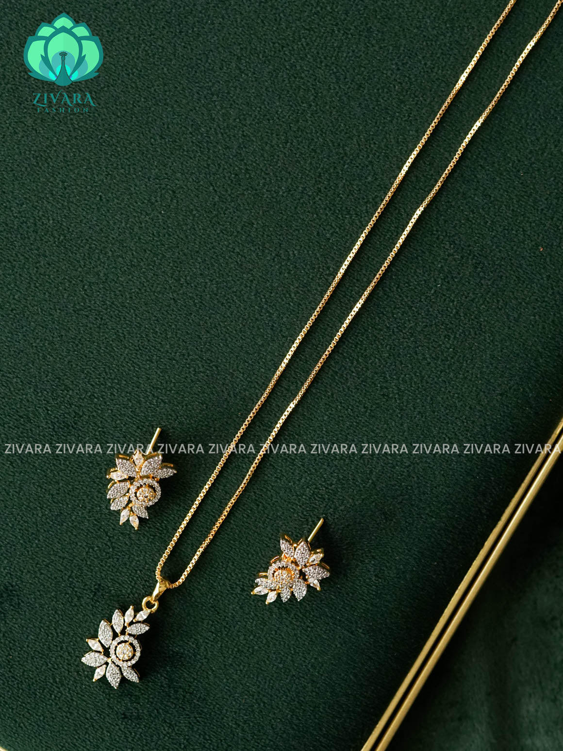 Zyra- Diamond replica Gold polish-pendant set and earrings  -Trending office wear jewellery-Zivara fashion
