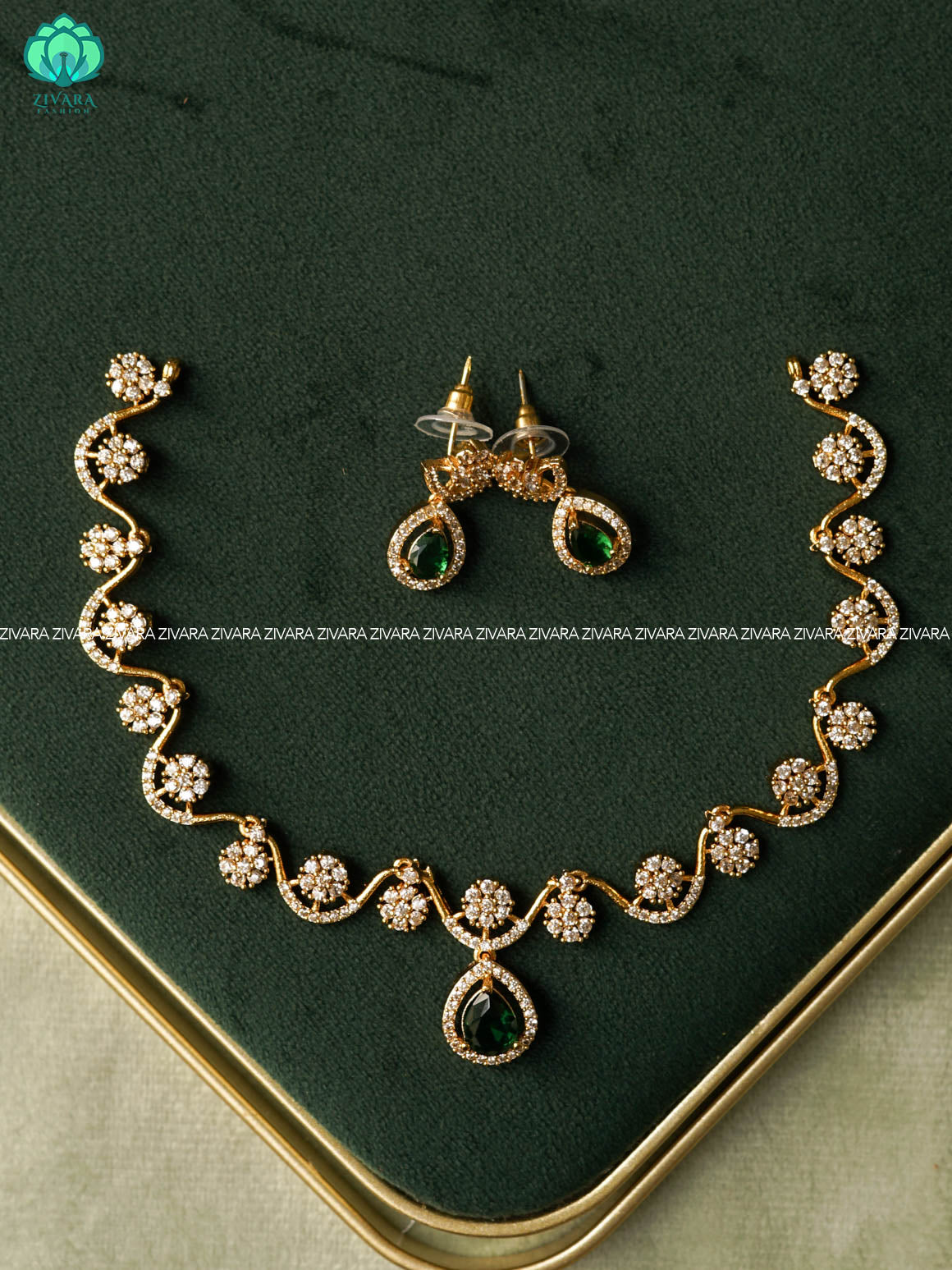 GREEN STONE HOTSELLING TEAR DROP -PREMIUM SUBTLE GOLD FINISH  stylish and minimal elegant neckwear with earrings- Zivara Fashion