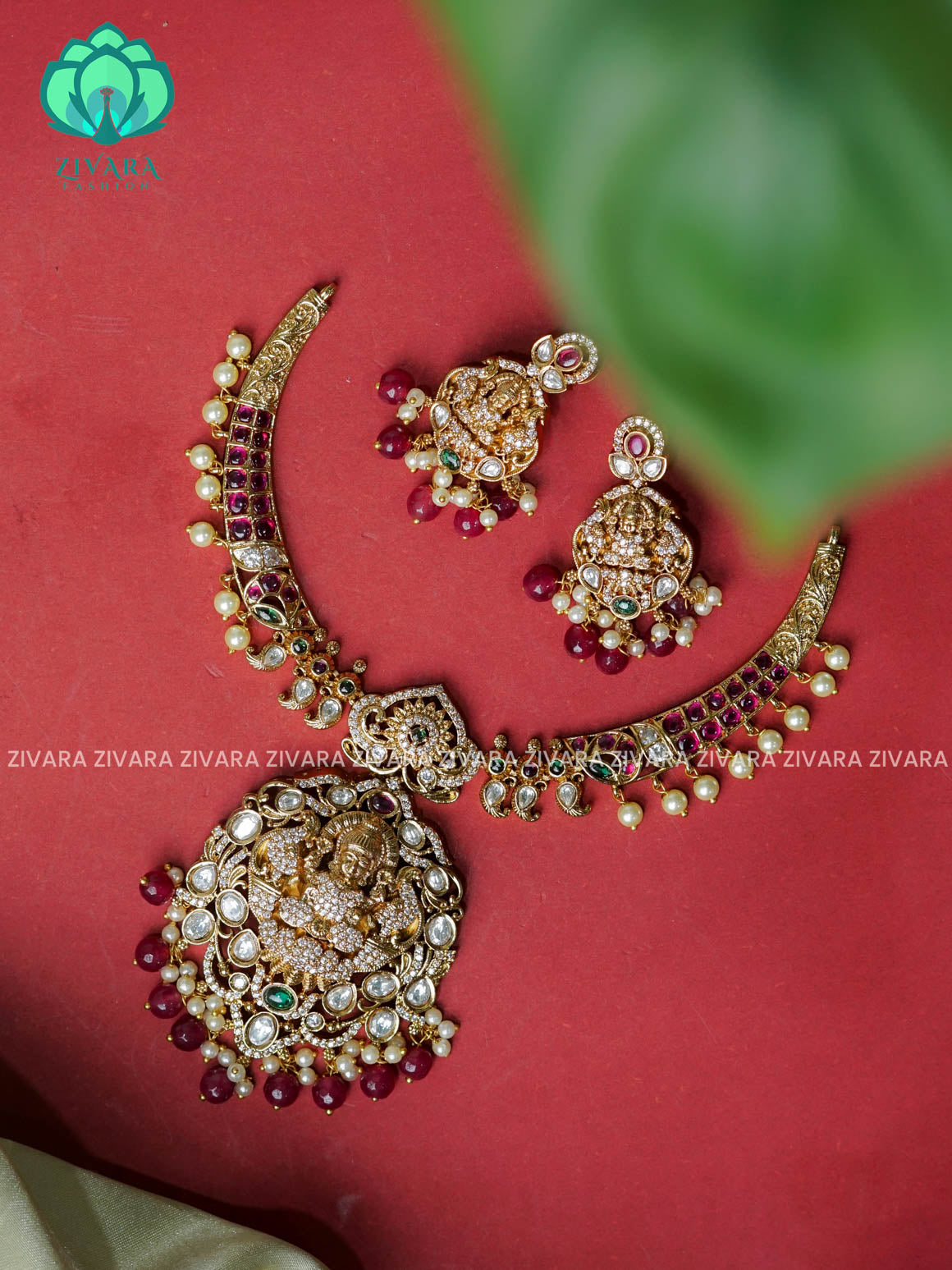 RUBY BEADS - TEMPLE BRIDAL HASLI  -Traditional south indian premium neckwear with earrings- Zivara Fashion- latest jewellery design.