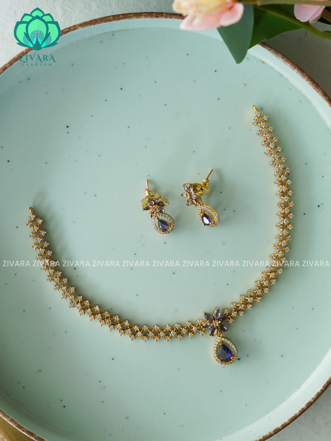 PURPLE HOTSELLING TEAR DROP  -PREMIUM SUBTLE GOLD FINISH  stylish and minimal elegant neckwear with earrings- Zivara Fashion