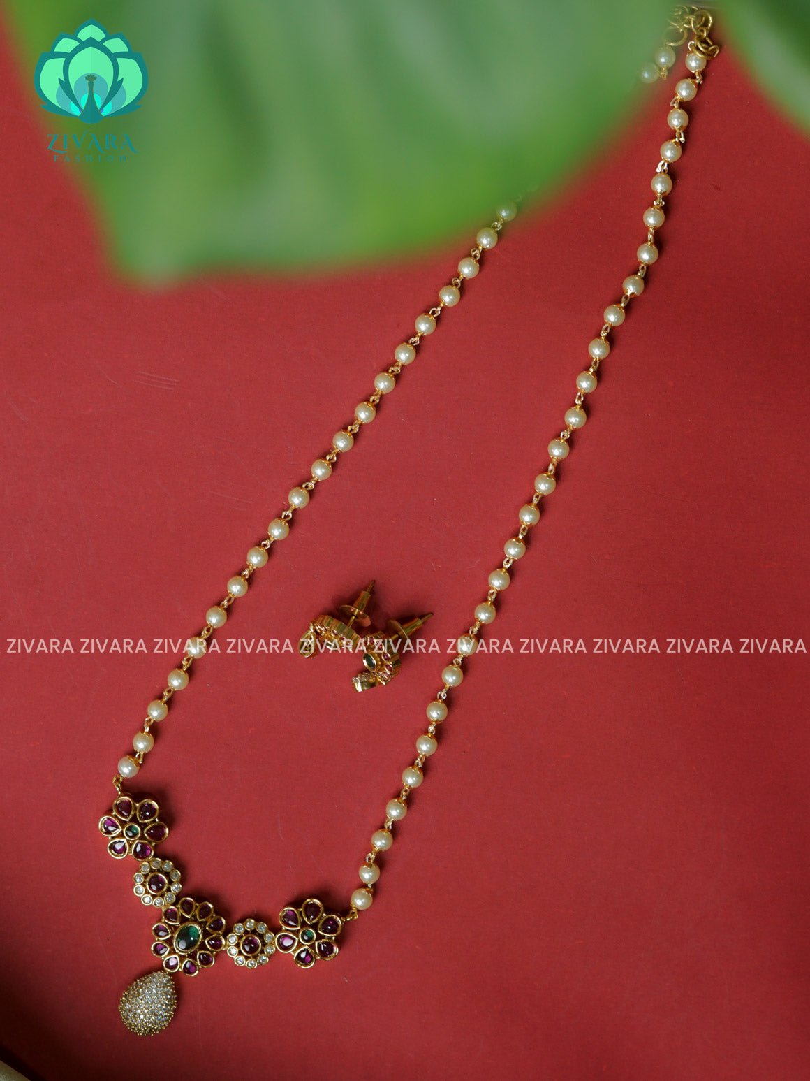 REAL KEMP FLORAL PEARL CHAIN  - Traditional PREMIUM MATTE polish MIDCHEST haaram/neckwear with earrings- Zivara Fashion