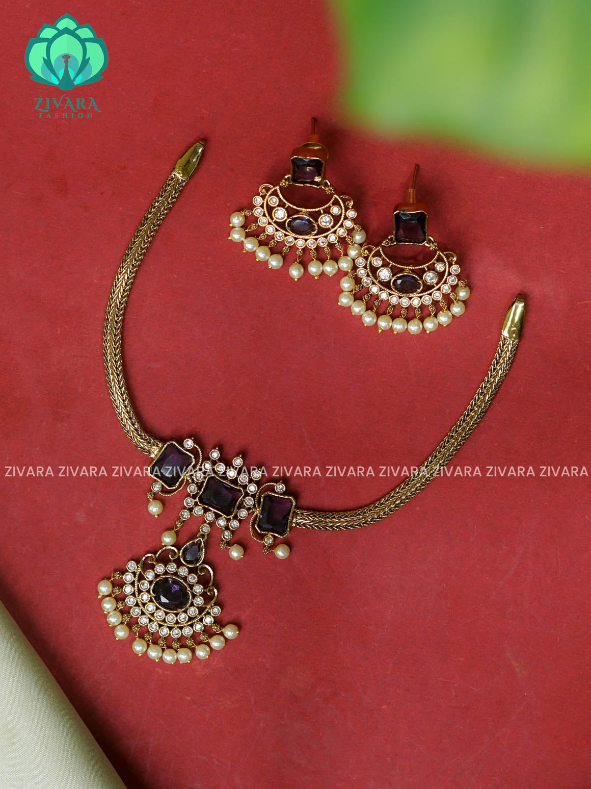 PURPLE-  Flexible chain and STONE  pendant -Traditional south indian premium neckwear with earrings- Zivara Fashion- latest jewellery design