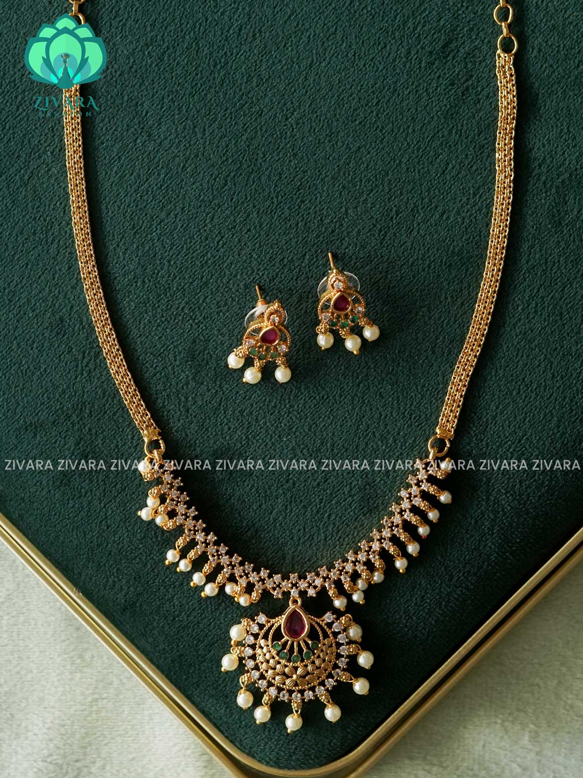 WHITE RUBY GREEN MOTIF FREE CHOKER -TRADITIONAL CHOKER COLLECTION WITH EARRINGS- LATEST JEWELLERY COLLECTION