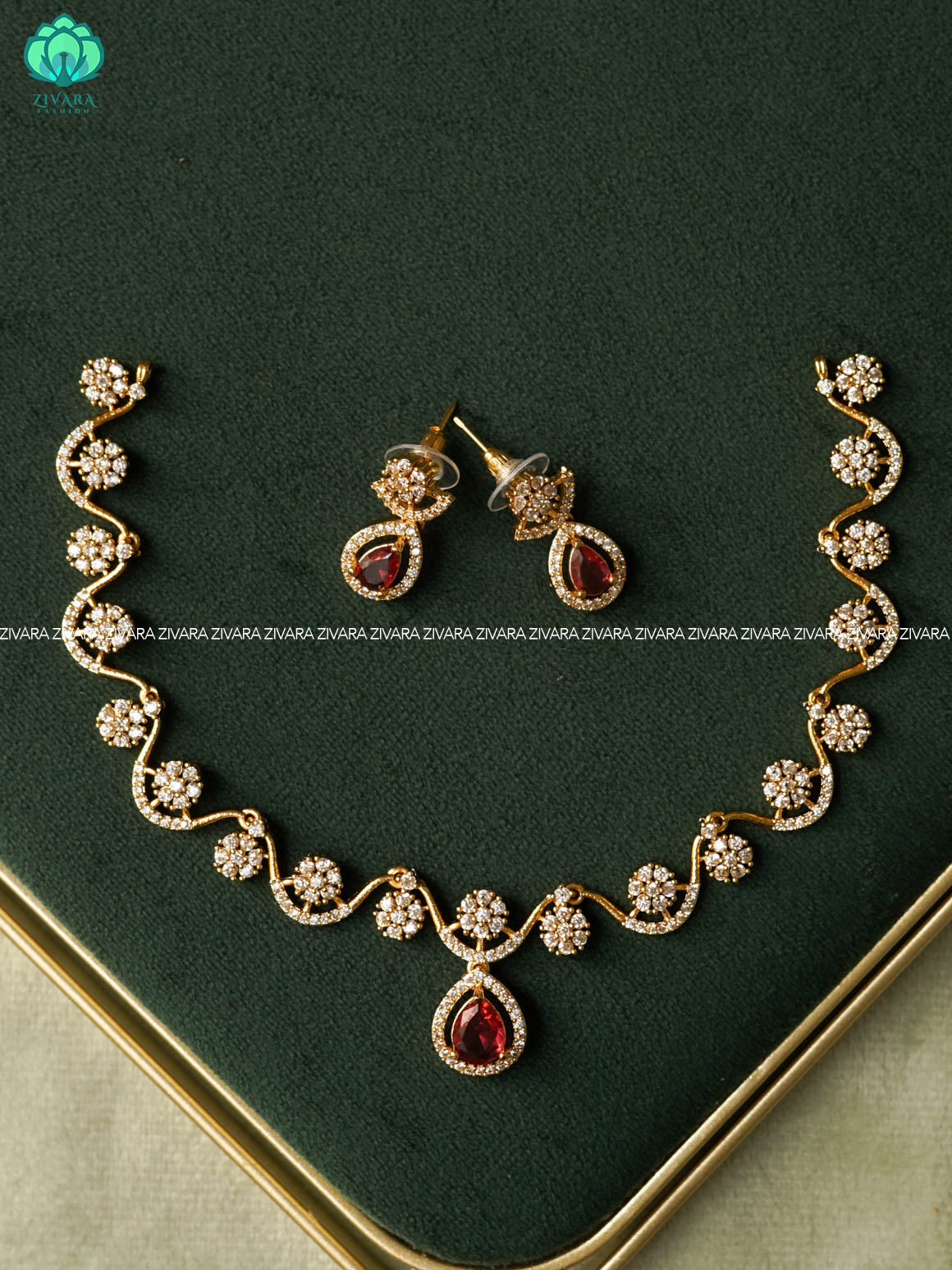 RUBY STONE HOTSELLING TEAR DROP -PREMIUM SUBTLE GOLD FINISH  stylish and minimal elegant neckwear with earrings- Zivara Fashion
