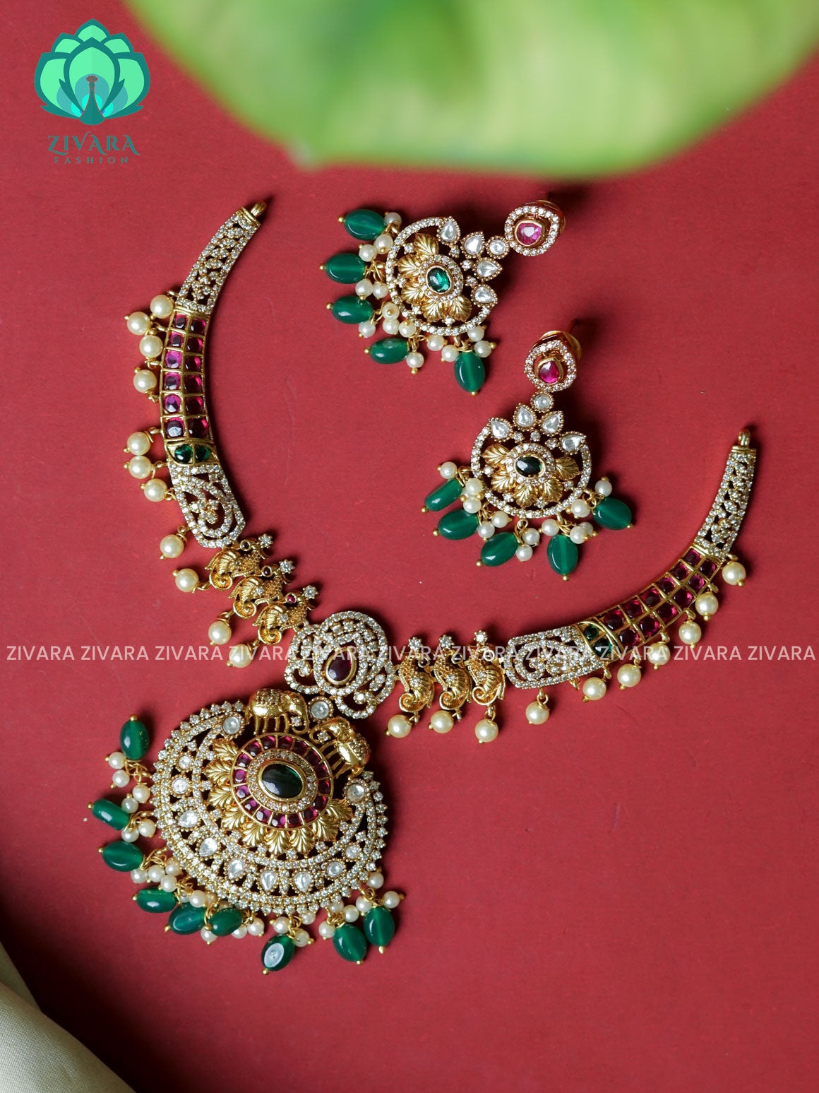 Motif free GREEN BEADS BRIDAL HASLI  -Traditional south indian premium neckwear with earrings- Zivara Fashion- latest jewellery design.