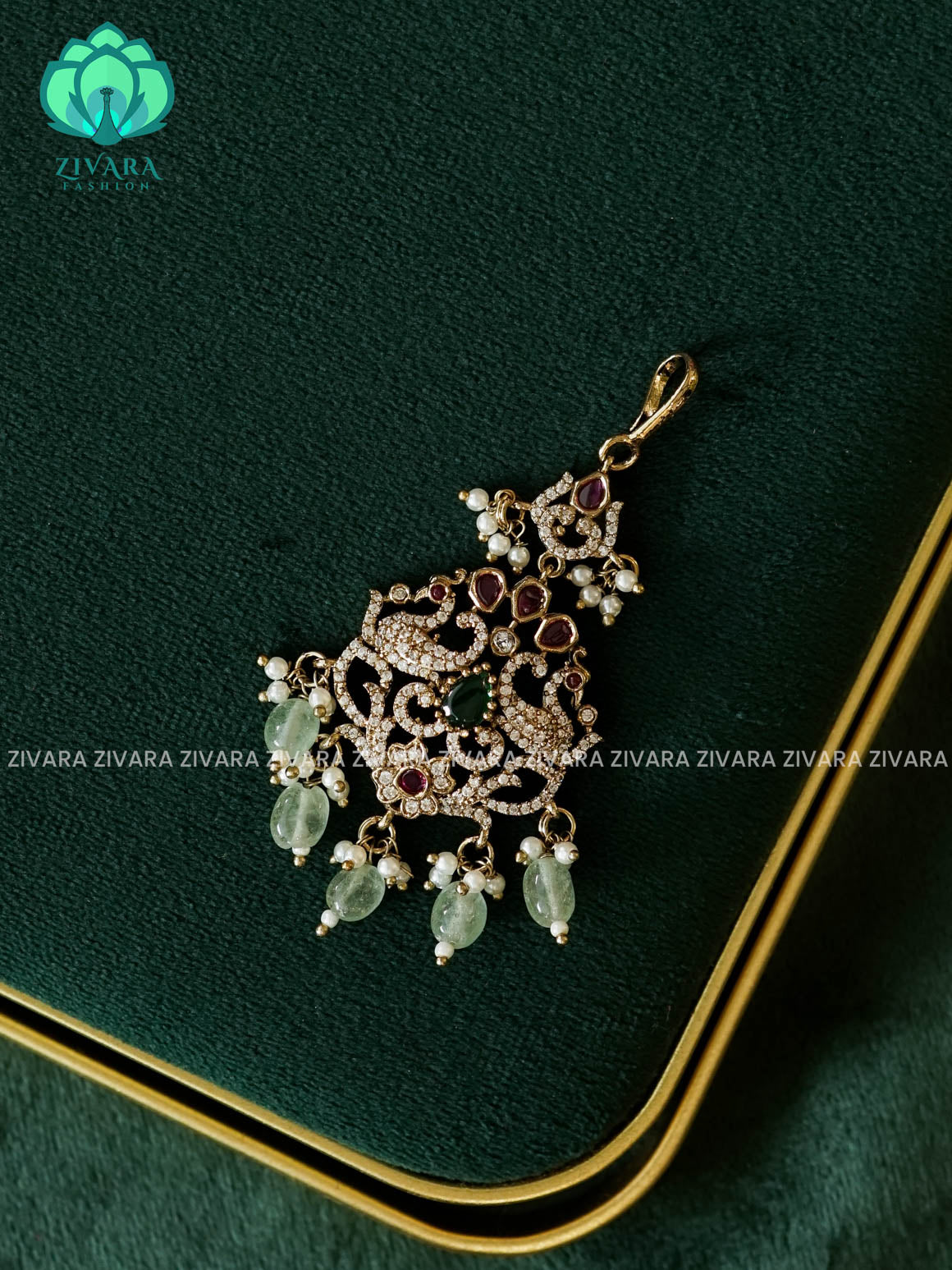 PEACOCK MOTIF SUBTLE POLISH WHITE STONE CHUTTI WITH PASTEL GREEN BEADS HANGINGS - bridal head accessory- latest bridal collection - Zivara fashion