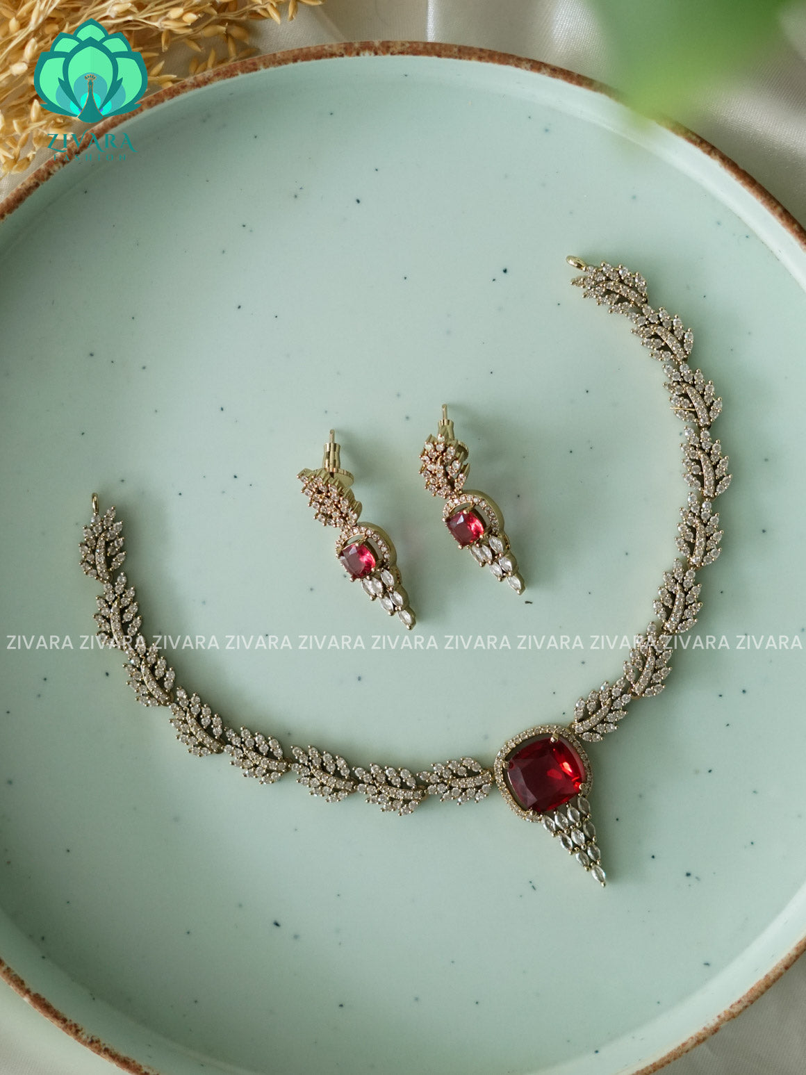 RUBY  LEAFY   - stylish and minimal elegant neckwear with earrings- Zivara Fashion