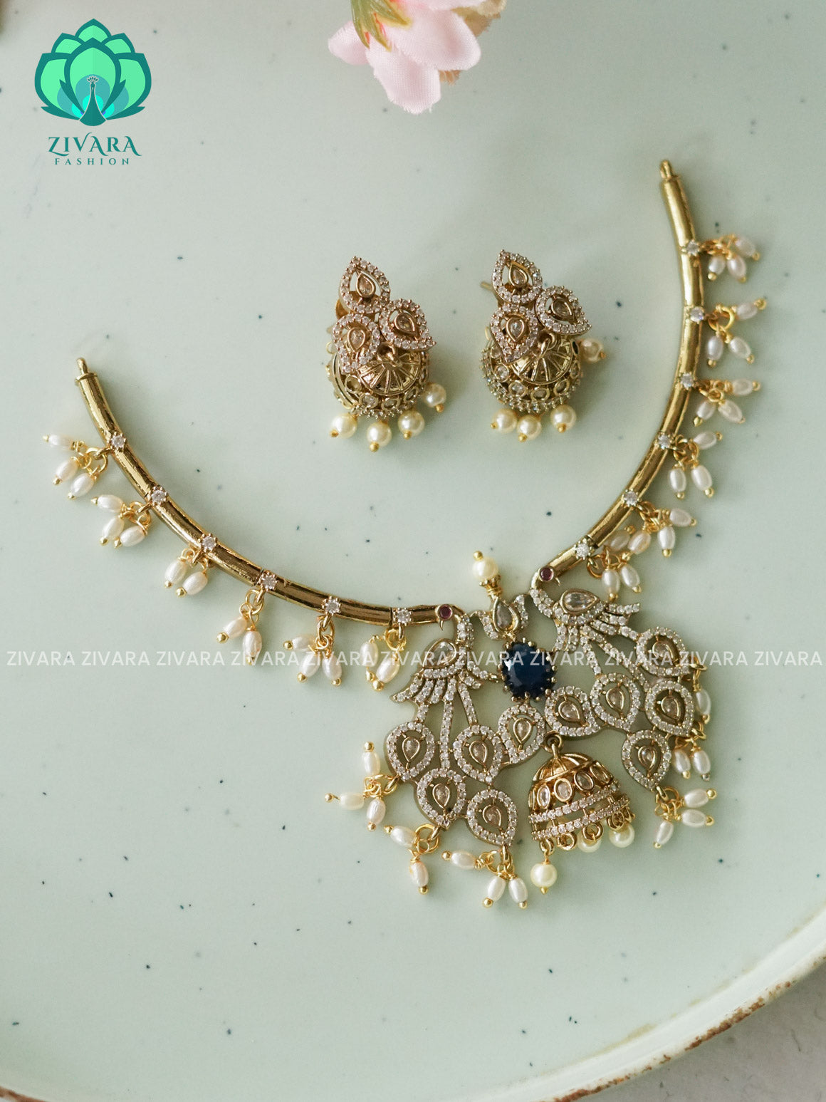 BLUE CUTE BRIDAL HASLI -Traditional south indian premium neckwear with earrings- Zivara Fashion- latest jewellery design