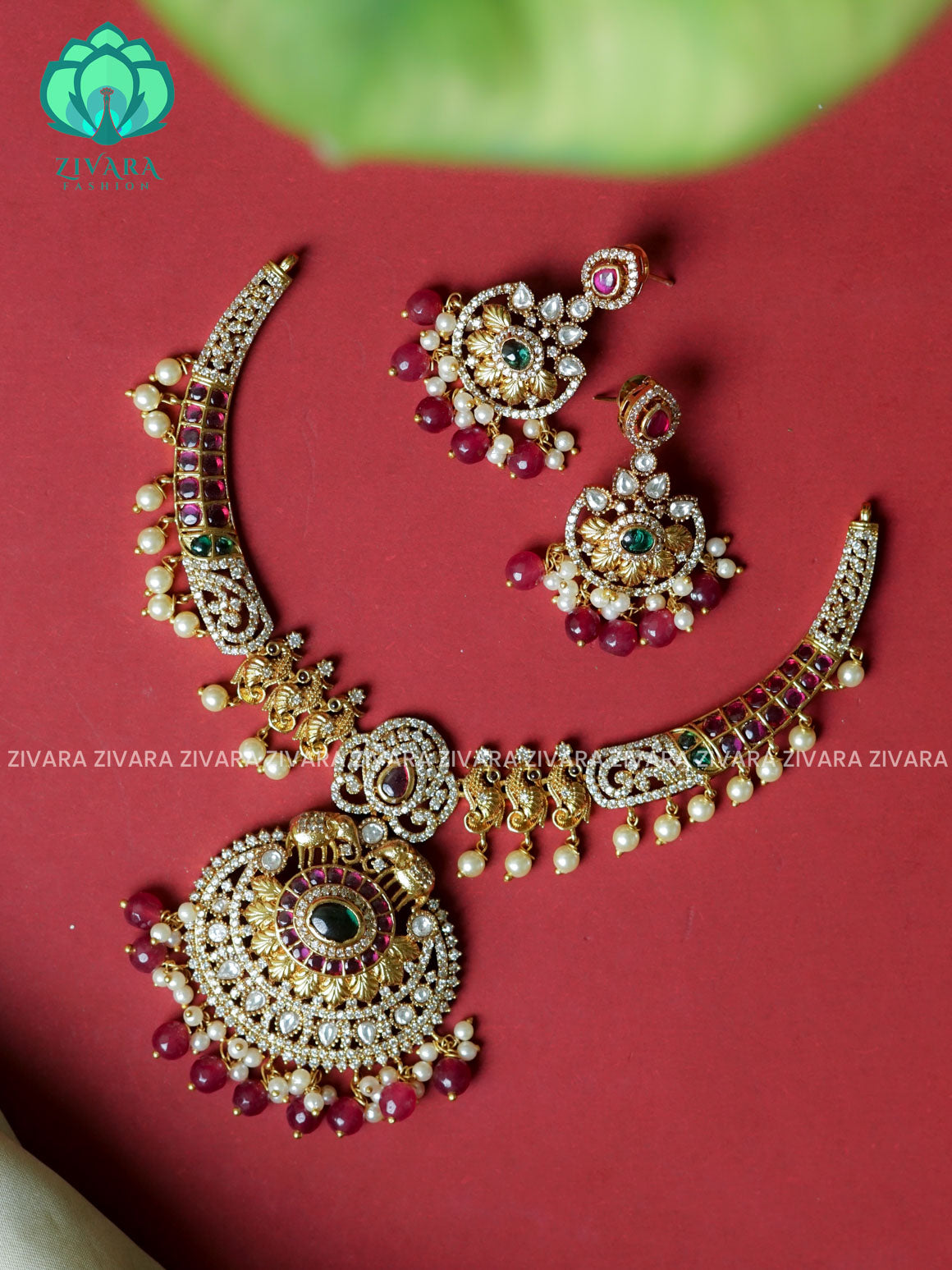 Motif free ruby BEADS BRIDAL HASLI  -Traditional south indian premium neckwear with earrings- Zivara Fashion- latest jewellery design.