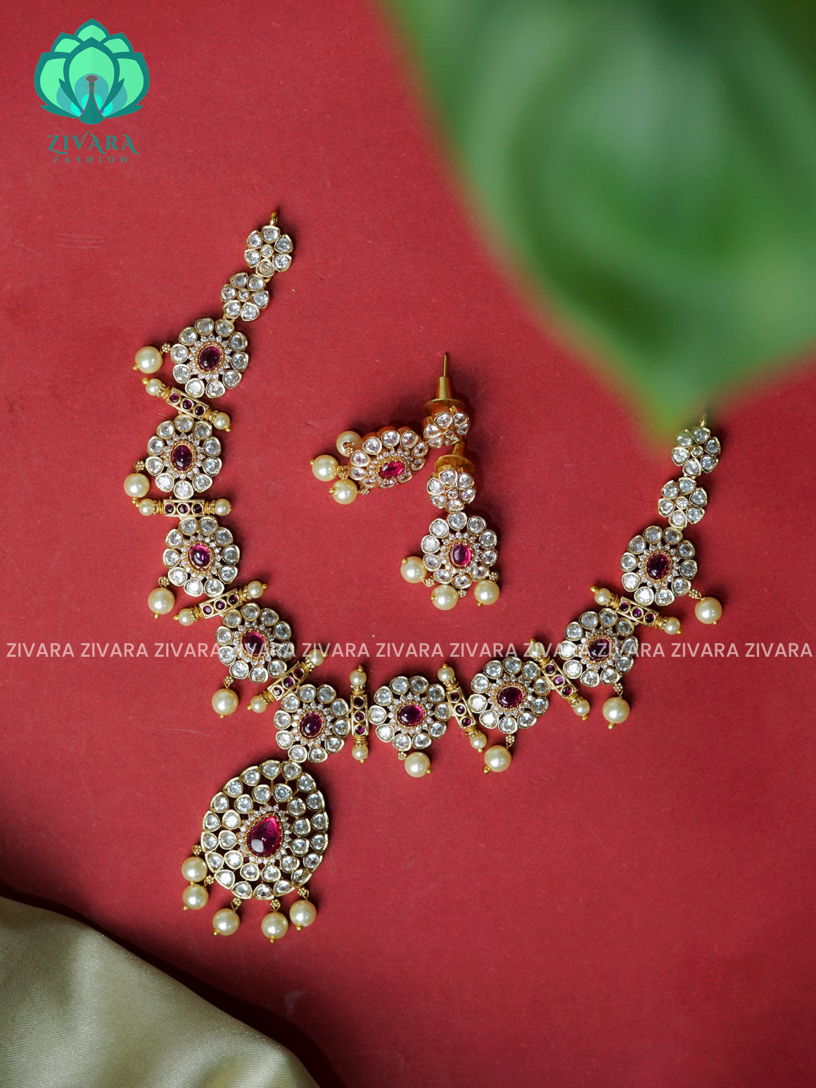 RUBY - TEAR AND FLOWER- Traditional south indian premium neckwear with earrings- Zivara Fashion- latest jewellery design.