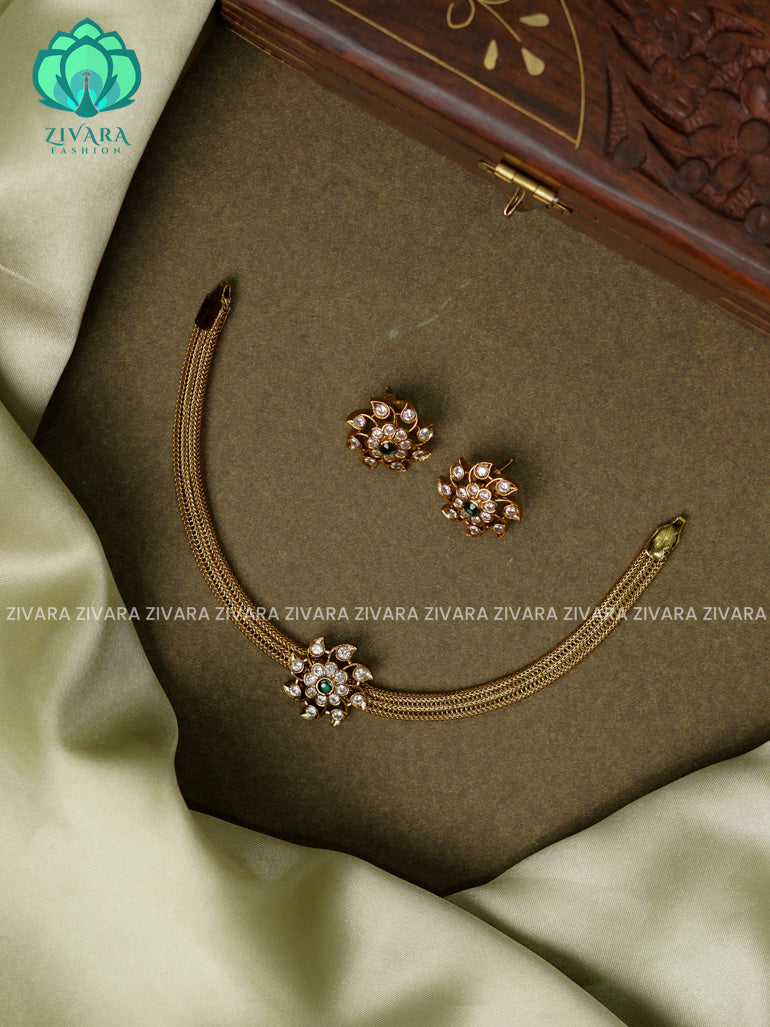 SMALL FLOWER  PENDANT WITH FLEXIBLE CHAIN Traditional south indian premium neckwear with earrings- Zivara Fashion- latest jewellery design