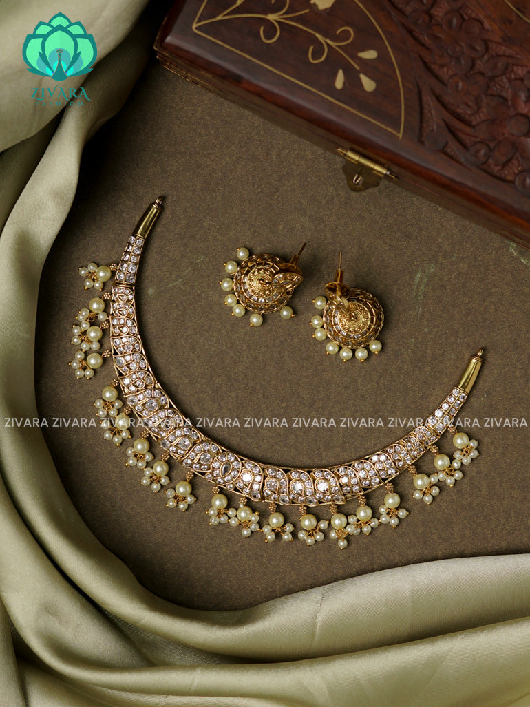 WHITE GRAND STONE MANGA HASLI - Traditional south indian premium neckwear with earrings- Zivara Fashion- latest jewellery design