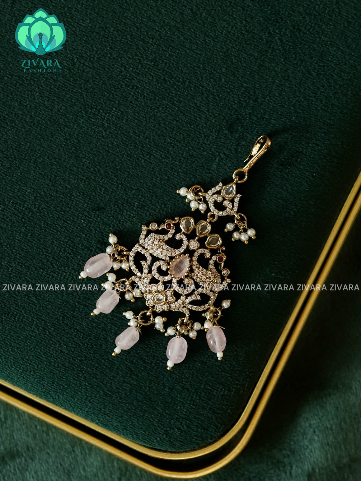 PEACOCK MOTIF SUBTLE POLISH WHITE STONE CHUTTI WITH PASTEL PINK BEADS HANGINGS - bridal head accessory- latest bridal collection - Zivara fashion